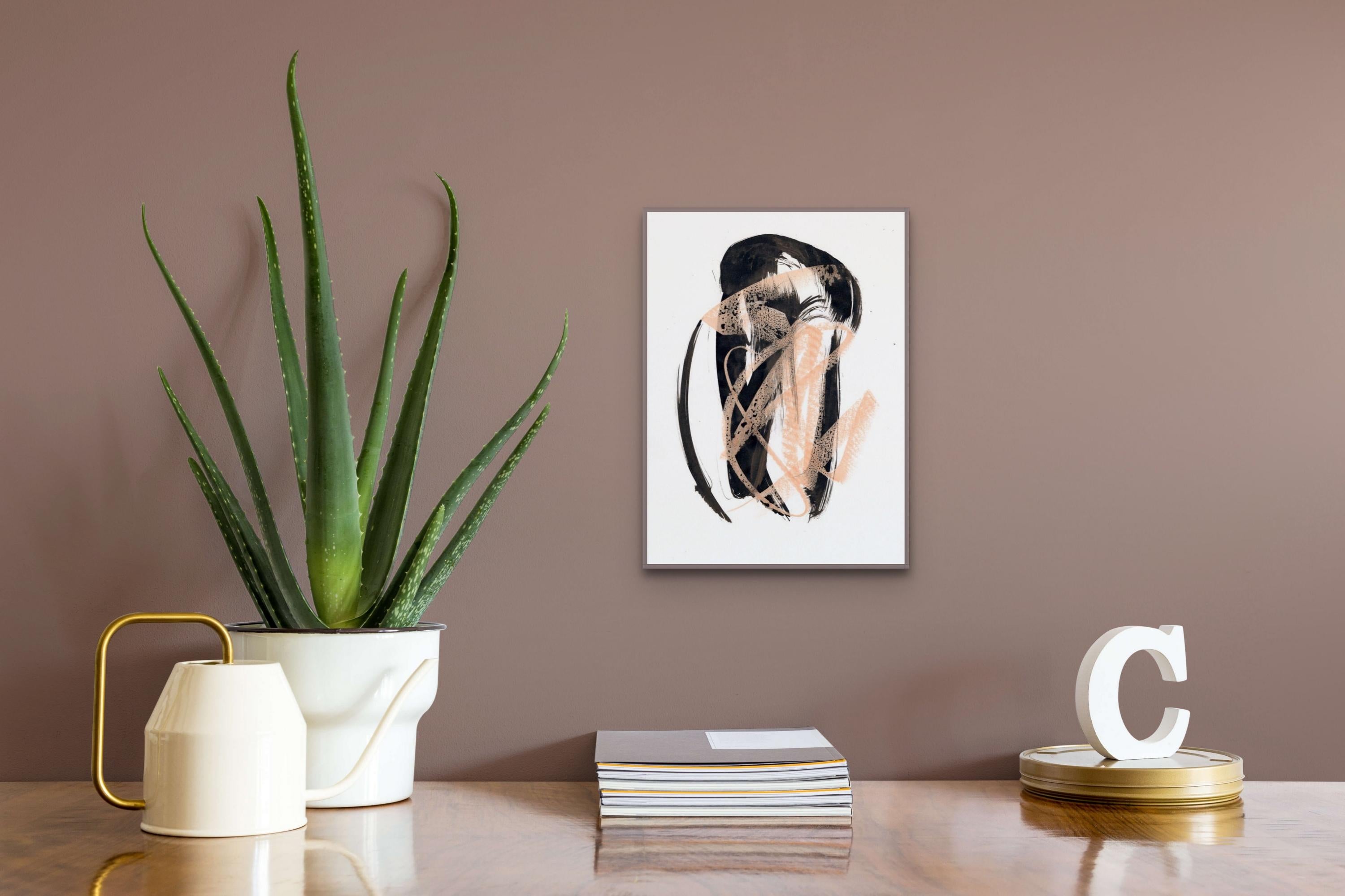 This expressive abstract drawing is made with Chinese ink and pastel on heavy white paper. Looking at it you can feel the freshness of instant impulse and the charge of cheerful energy! II was inspired by the dusty pink pastel color. It is