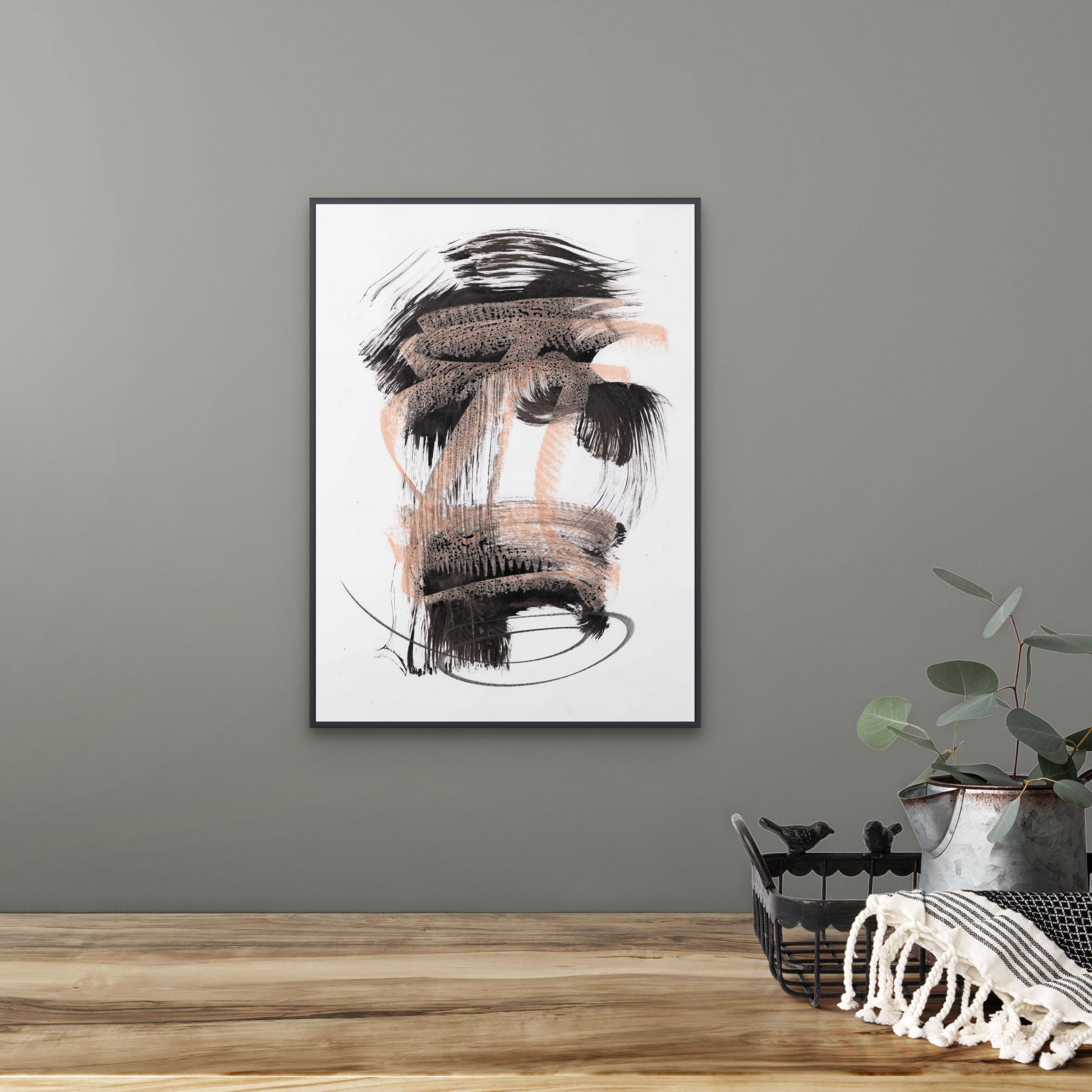 This calligraphic abstract drawing is made with Chinese ink and pastel on heavy white paper. Looking at it you can feel the freshness of instant impulse and the charge of cheerful energy! II was inspired by the dusty pink pastel color. It is