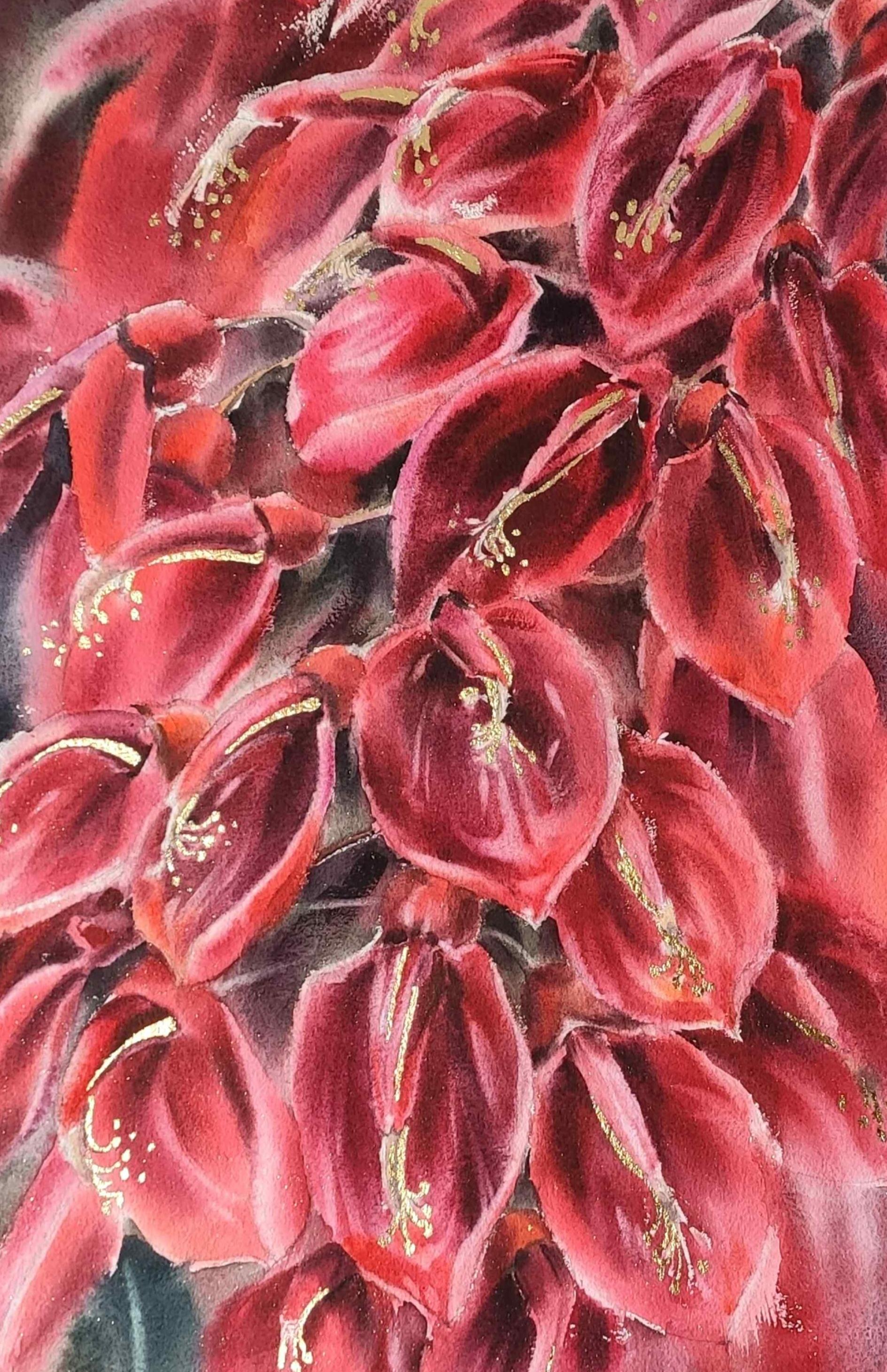 Peinture à l'aquarelle - Fleurs tropicales rouges éléments dorés - Painting de Irina Pronina
