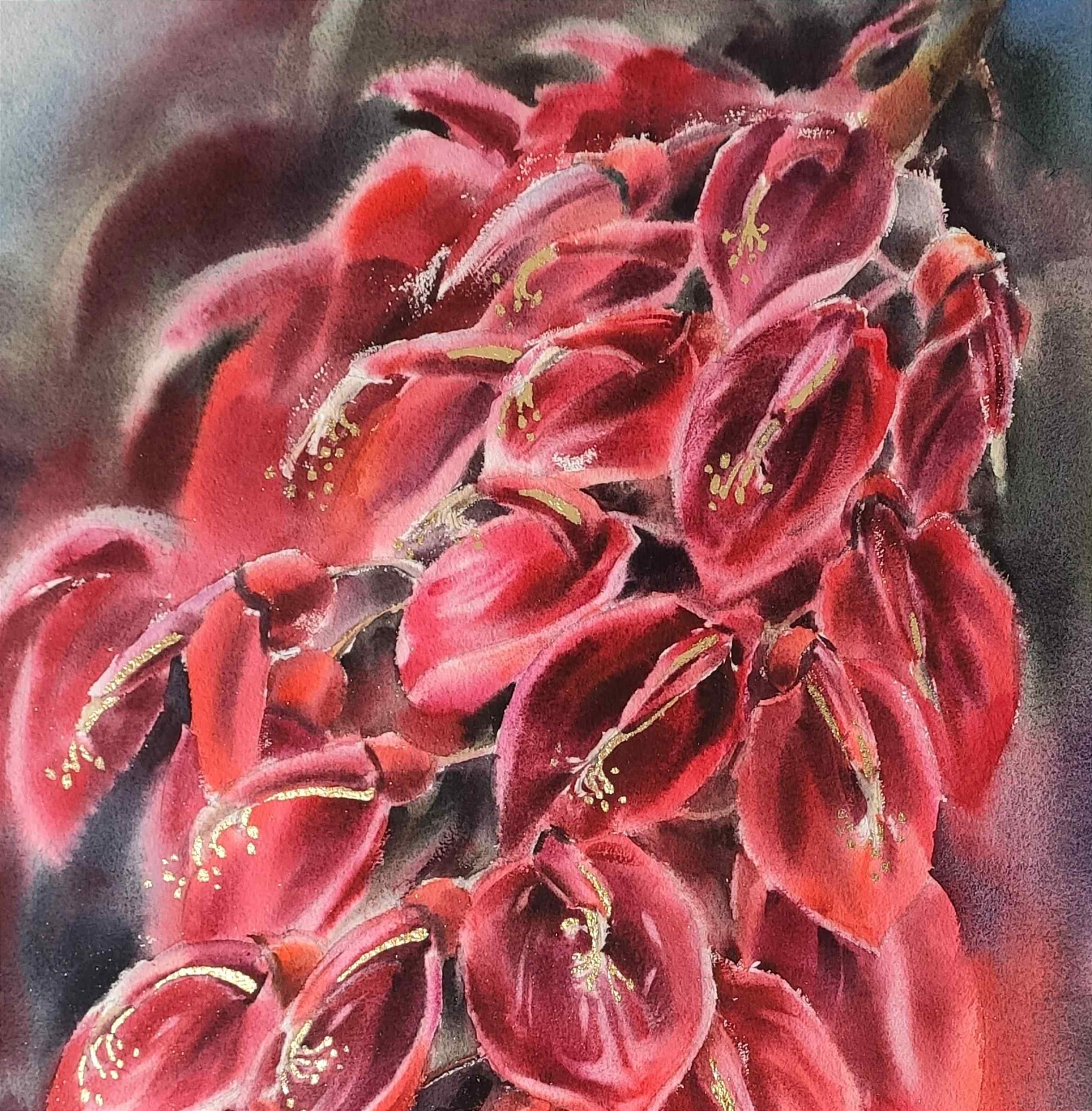 Red tropical flowers Watercolor painting Golden elements - Impressionist Painting by Irina Pronina