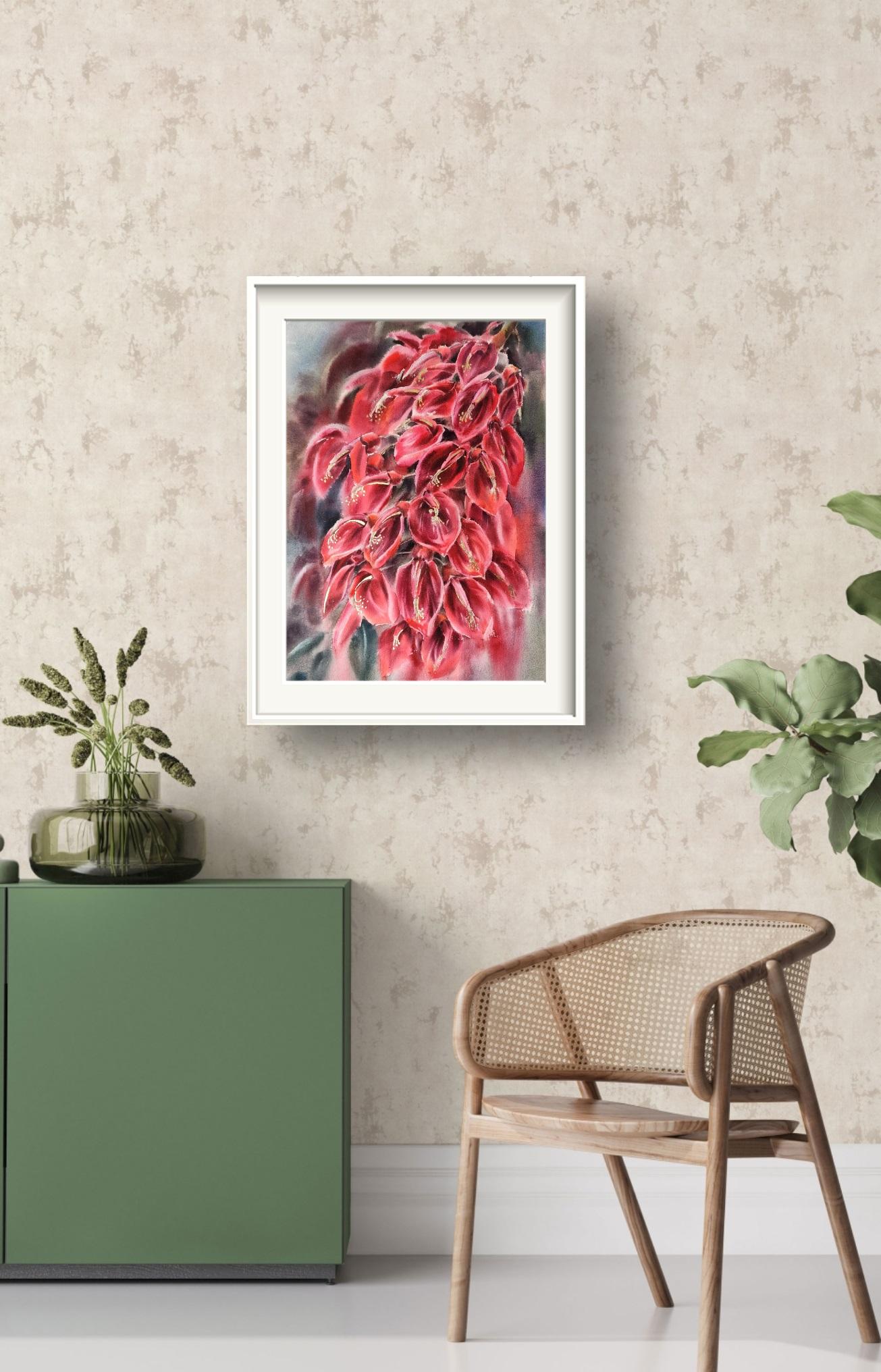 Red tropical flowers Watercolor painting Golden elements For Sale 1