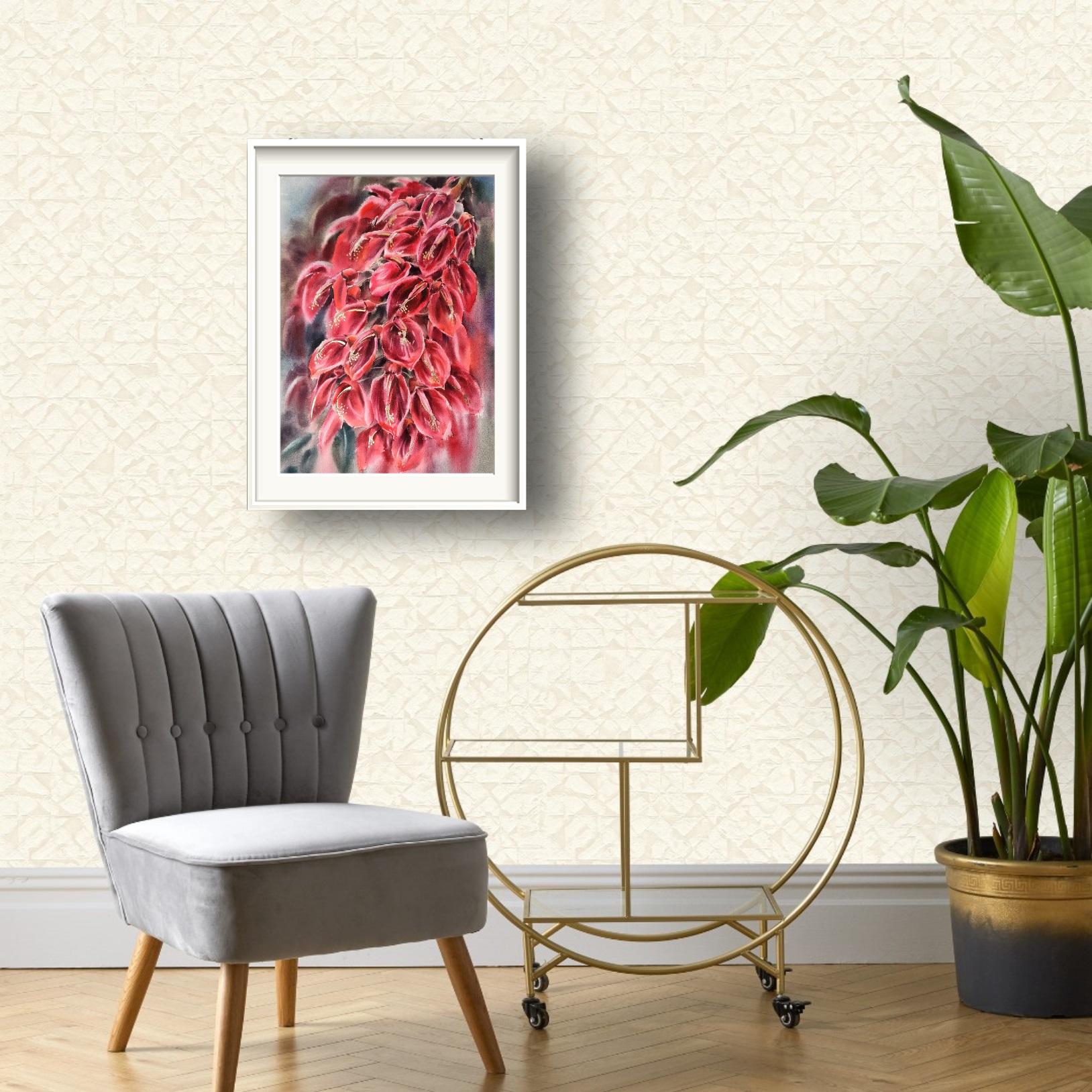 Red tropical flowers Watercolor painting Golden elements For Sale 2