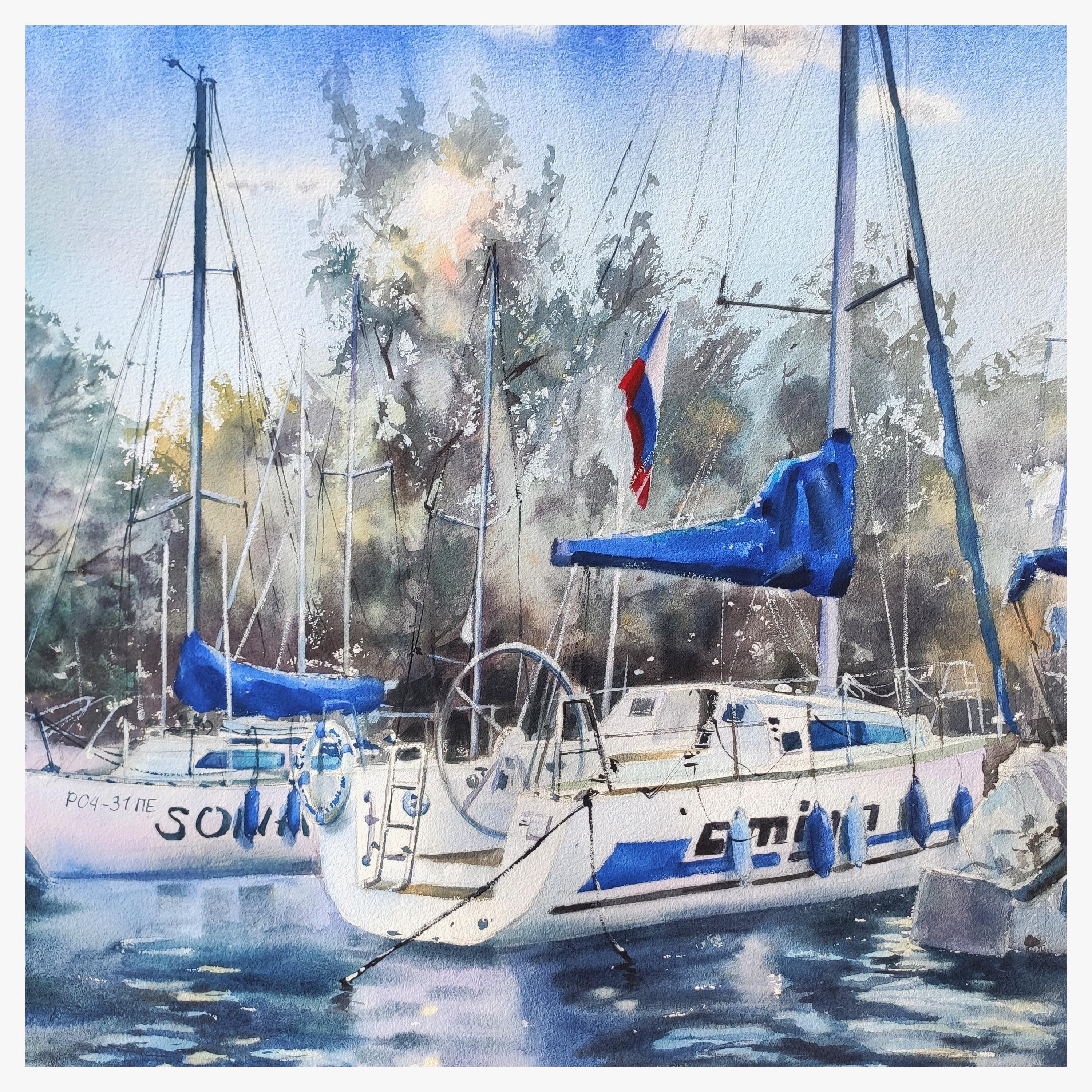 Summer highlights Boats at the sea Watercolor painting - Art by Irina Pronina