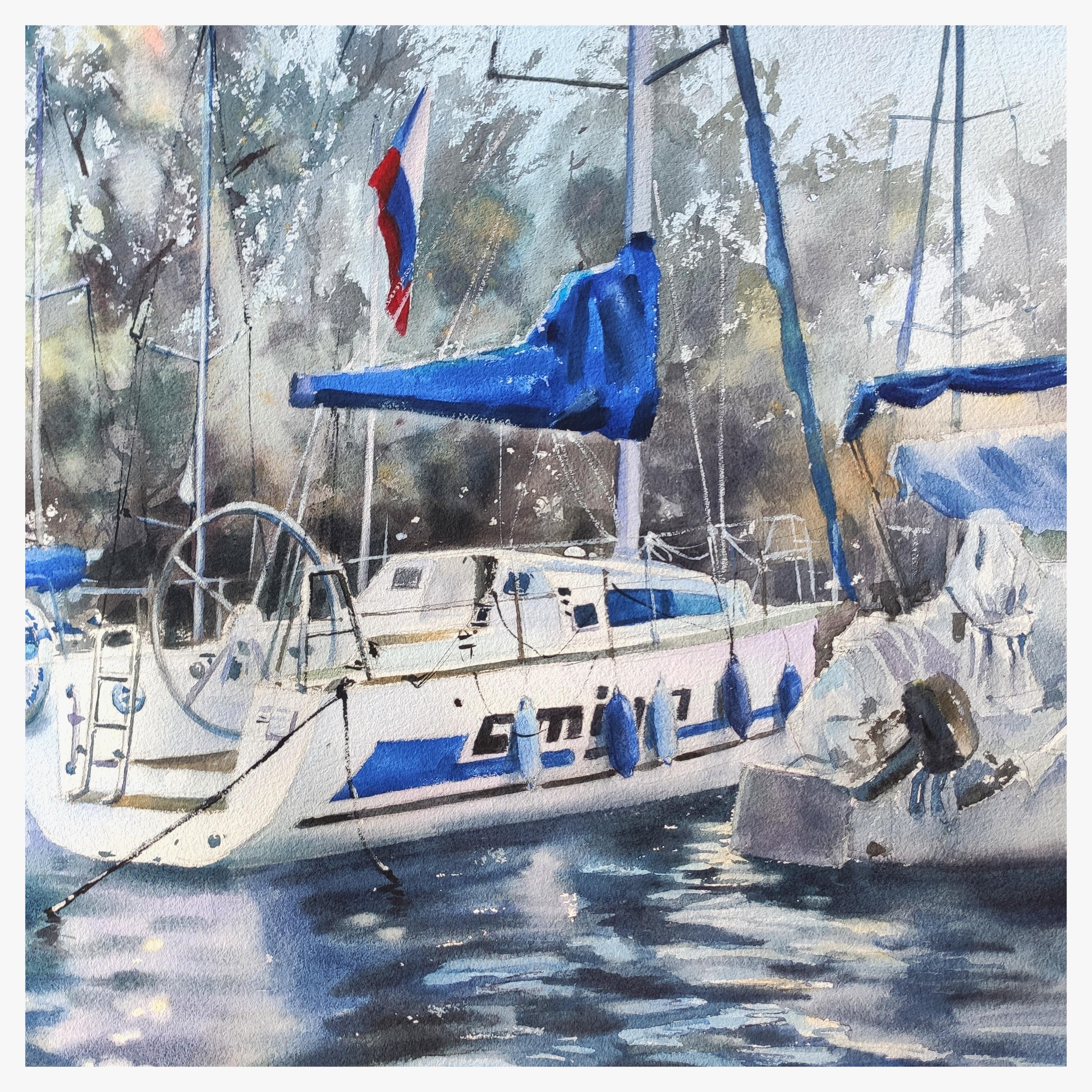 Sommer highlights Boote am Meer, Aquarellgemälde (Impressionismus), Art, von Irina Pronina