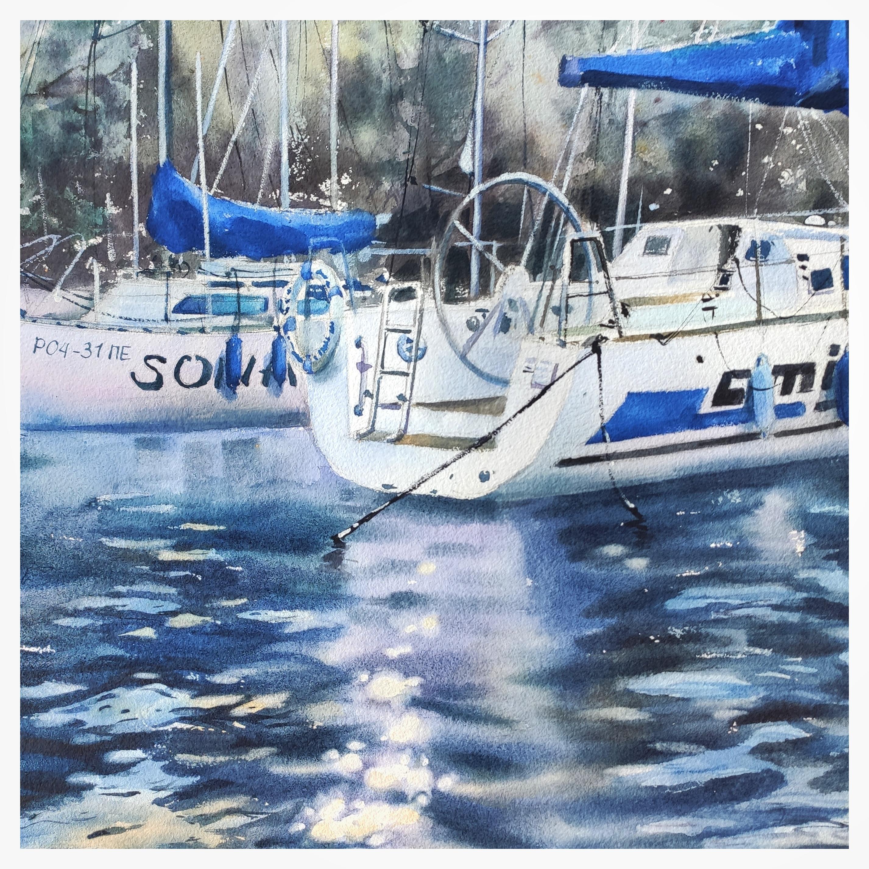 Summer highlights Boats at the sea Watercolor painting - Impressionist Art by Irina Pronina