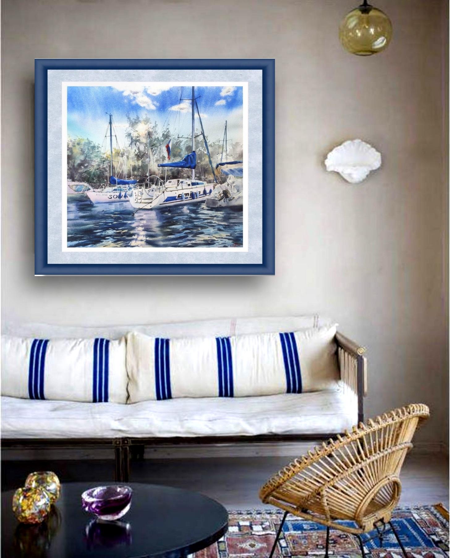 Summer highlights Boats at the sea Watercolor painting For Sale 1