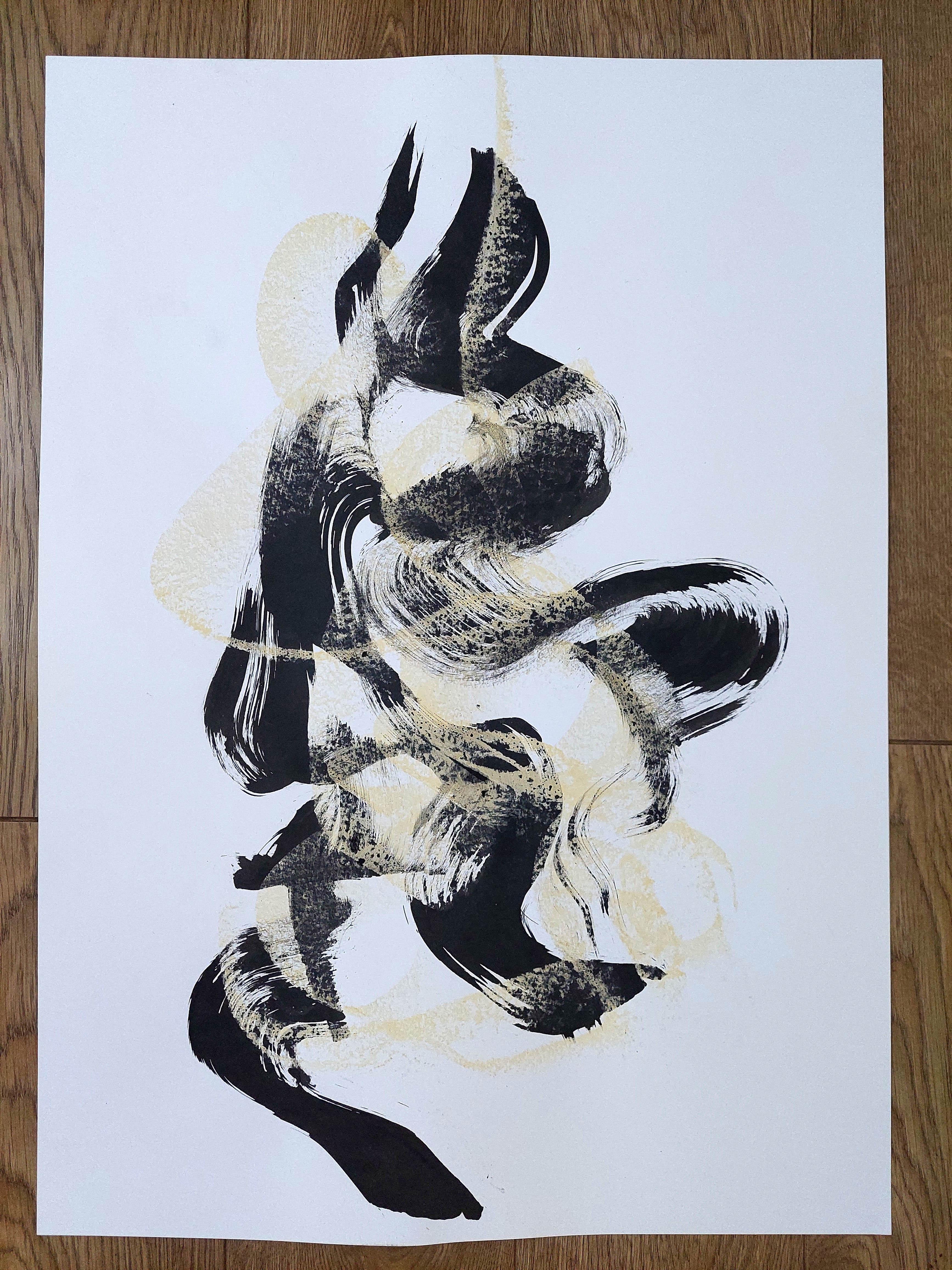 Abstract Monochrome Brush Drawing. Streamlet - Beige Abstract Drawing by Sve Gri