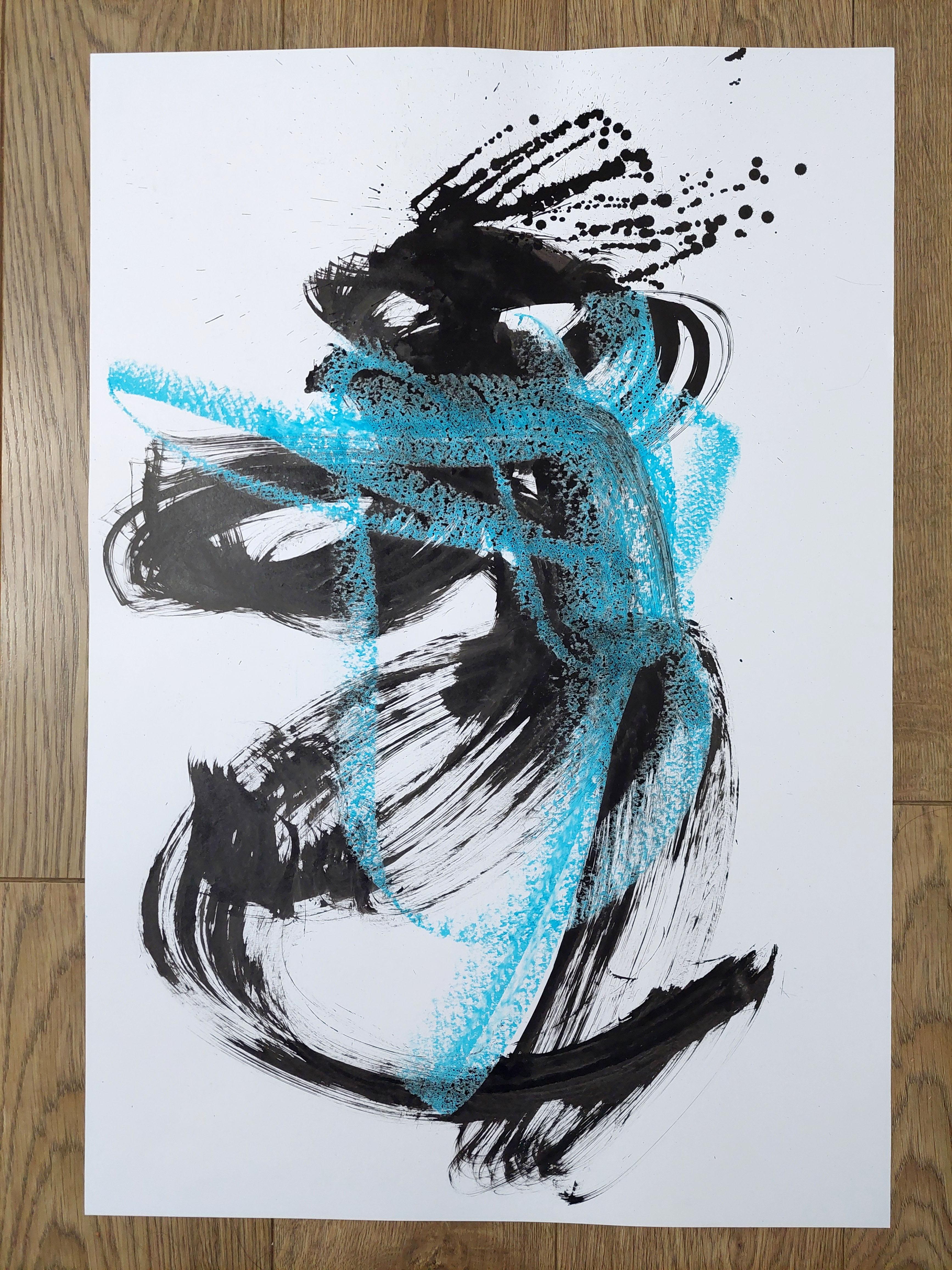 Peinture énergétique. dessin expressif d'une figure féminine. Danse sauvage. en vente 5