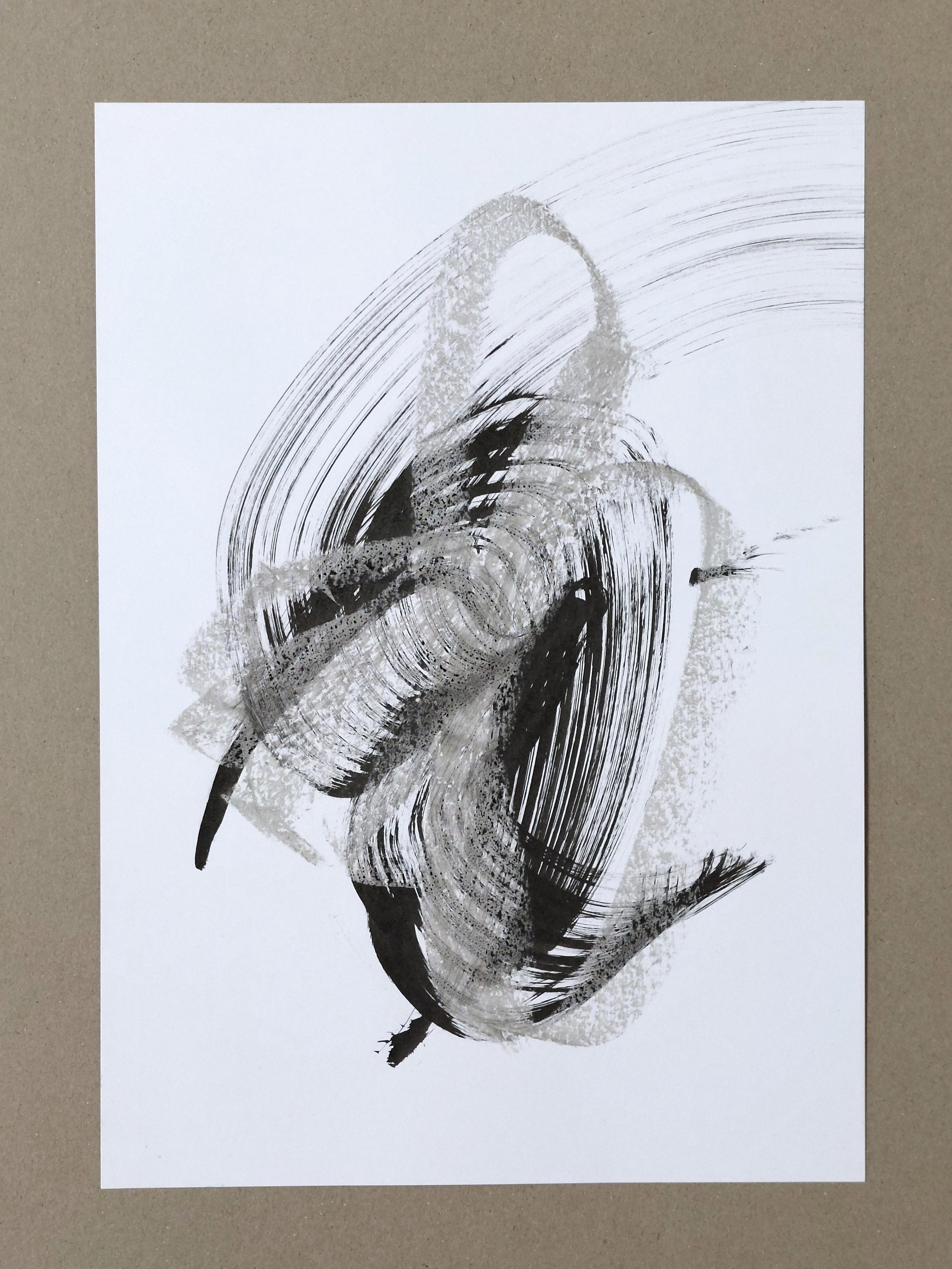 Intuitives Zen-Zeichnen. Abstrakter Minimalismus. Monochrome Kunst. Fan! (Minimalistisch), Art, von Sve Gri