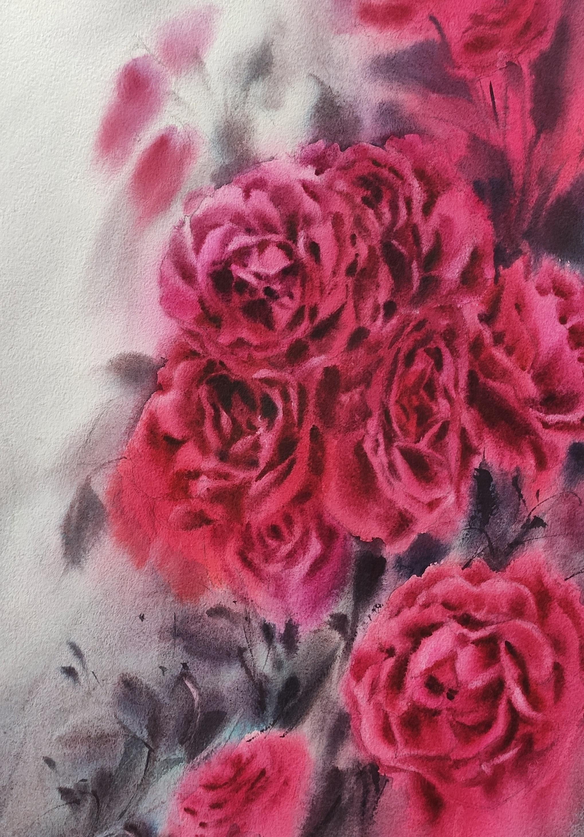 Scarlet roses Watercolor rose bouquet  - Art by Irina Pronina
