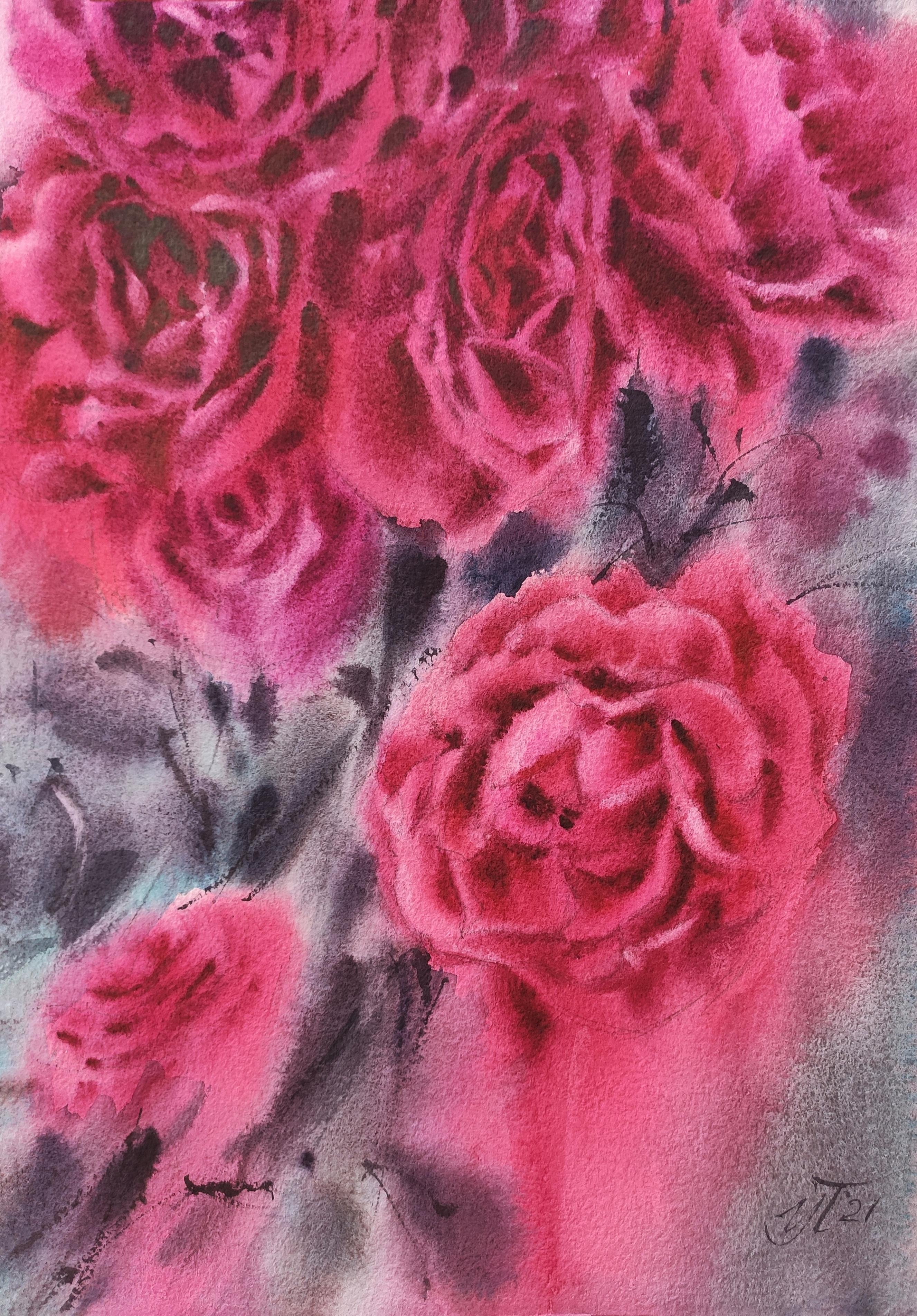 This painting with roses was included in the top 300 of the international competition of watercolor masters 2021!

A bright, rich in color watercolor painting with a bouquet of roses in the evening light. Saturated shades of scarlet, fuchsia and