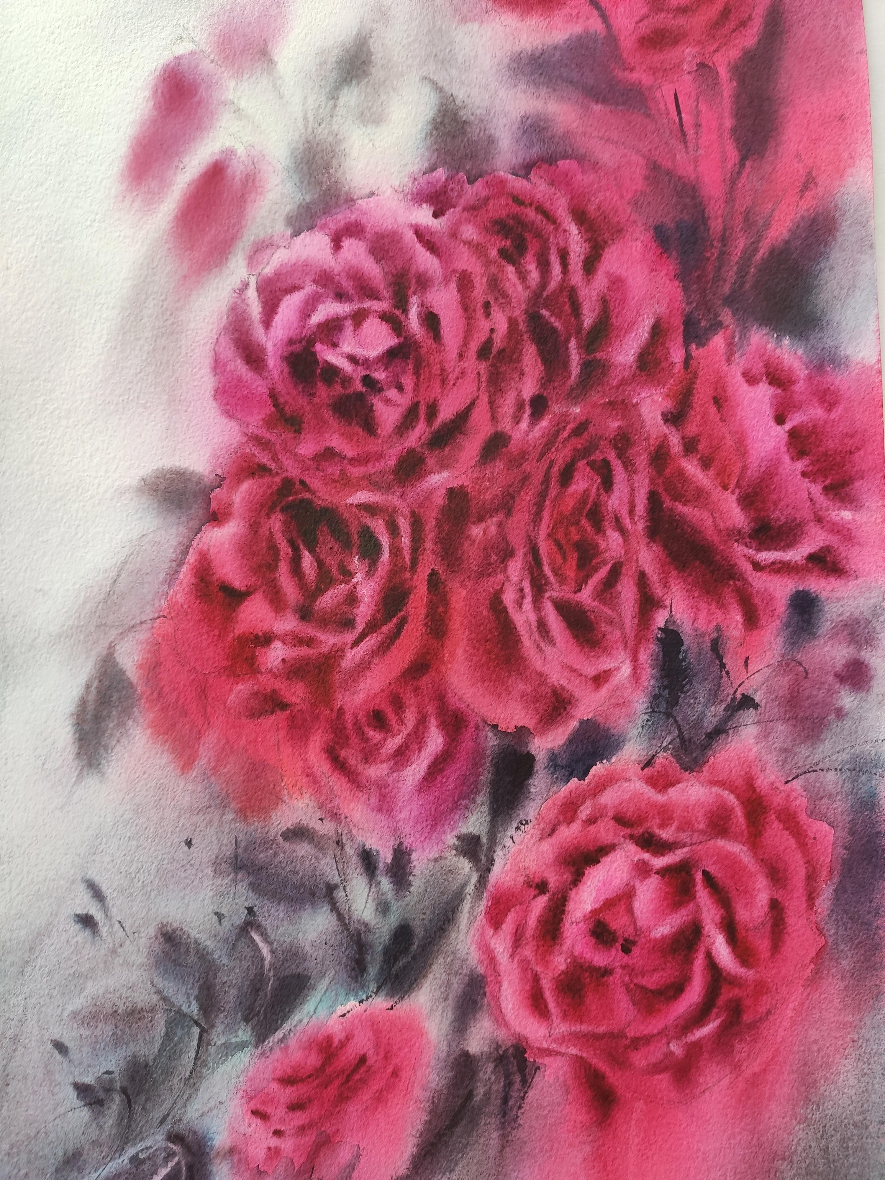 Scarlet roses Watercolor rose bouquet  - Abstract Art by Irina Pronina