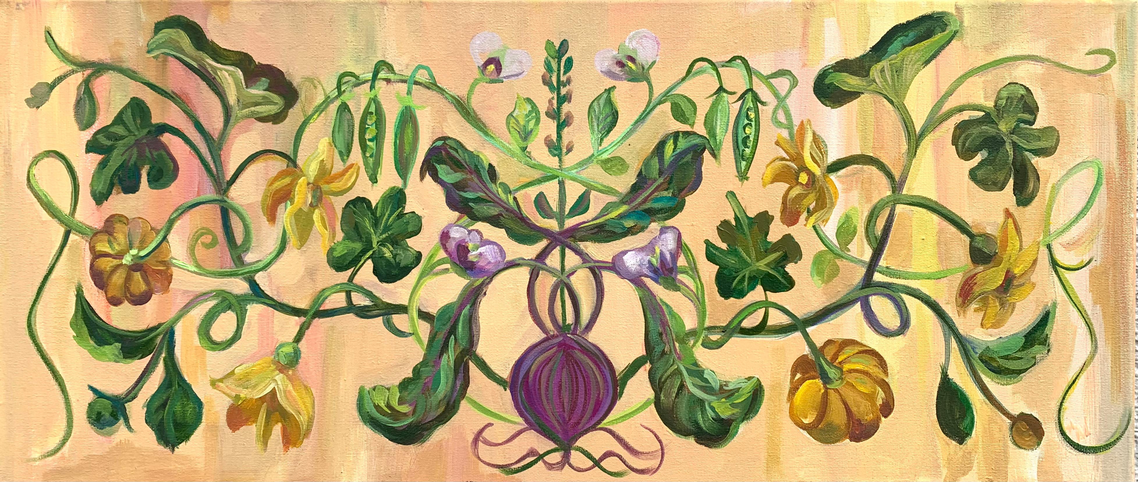 This artwork captures the harmony of nature, where the intertwining vines of pumpkin, playful peas, and resilient beets weave together in an exquisite ornament. The mesmerizing symphony of shapes and colors creates an impression of natural beauty,