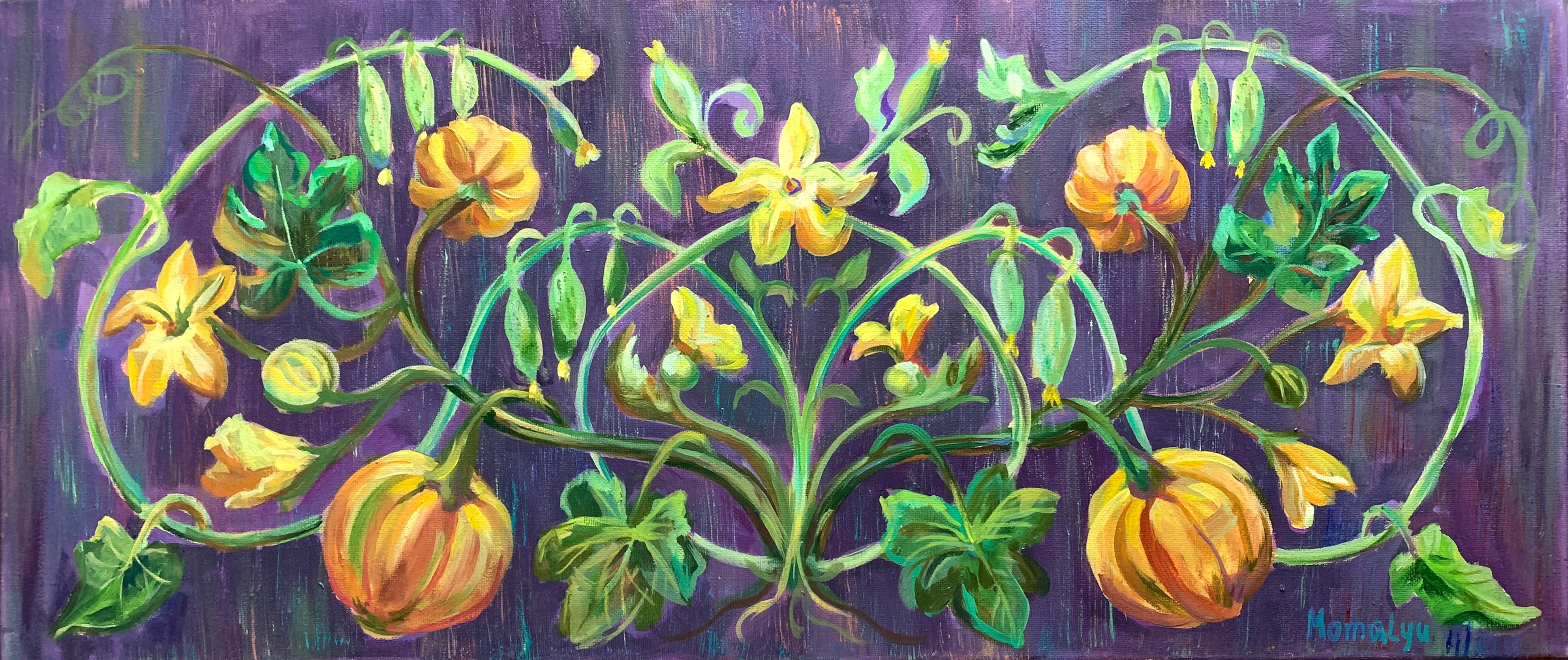 Grace of the interweaving of natural in vintage style. Oil paint on canvas. 