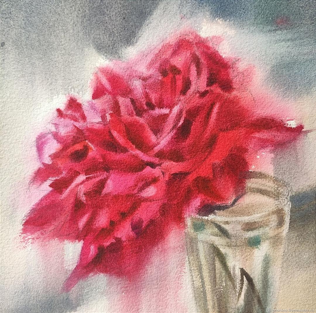 Painting with a rose. Watercolor. The painting with scarlet rose on a table.
.
Watercolor painting with a scarlet garden rose on a pastel background. In this artwork, I talk about the individuality of each rose, its special beauty and the sense of