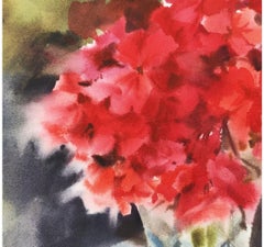 Watercolor with geranium Flower painting Bouquet in a vase