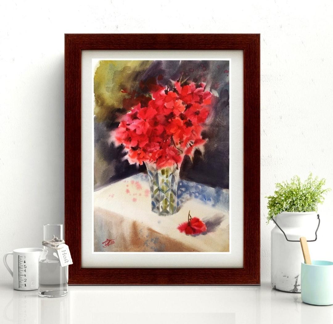 Aquarelle avec peinture de fleurs de geranium dans un vase en vente 3