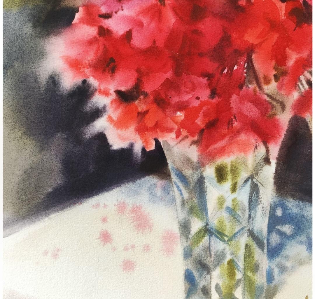 Painting - flowers in a vase for the interior of the living room, bedroom - watercolor work depicting a beautiful geranium. Contrasting, bright, multifaceted!
A bright bouquet of scarlet geraniums on a dark, contrasting background and the glare of