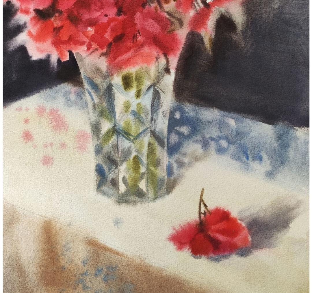 Aquarelle avec peinture de fleurs de geranium dans un vase en vente 1