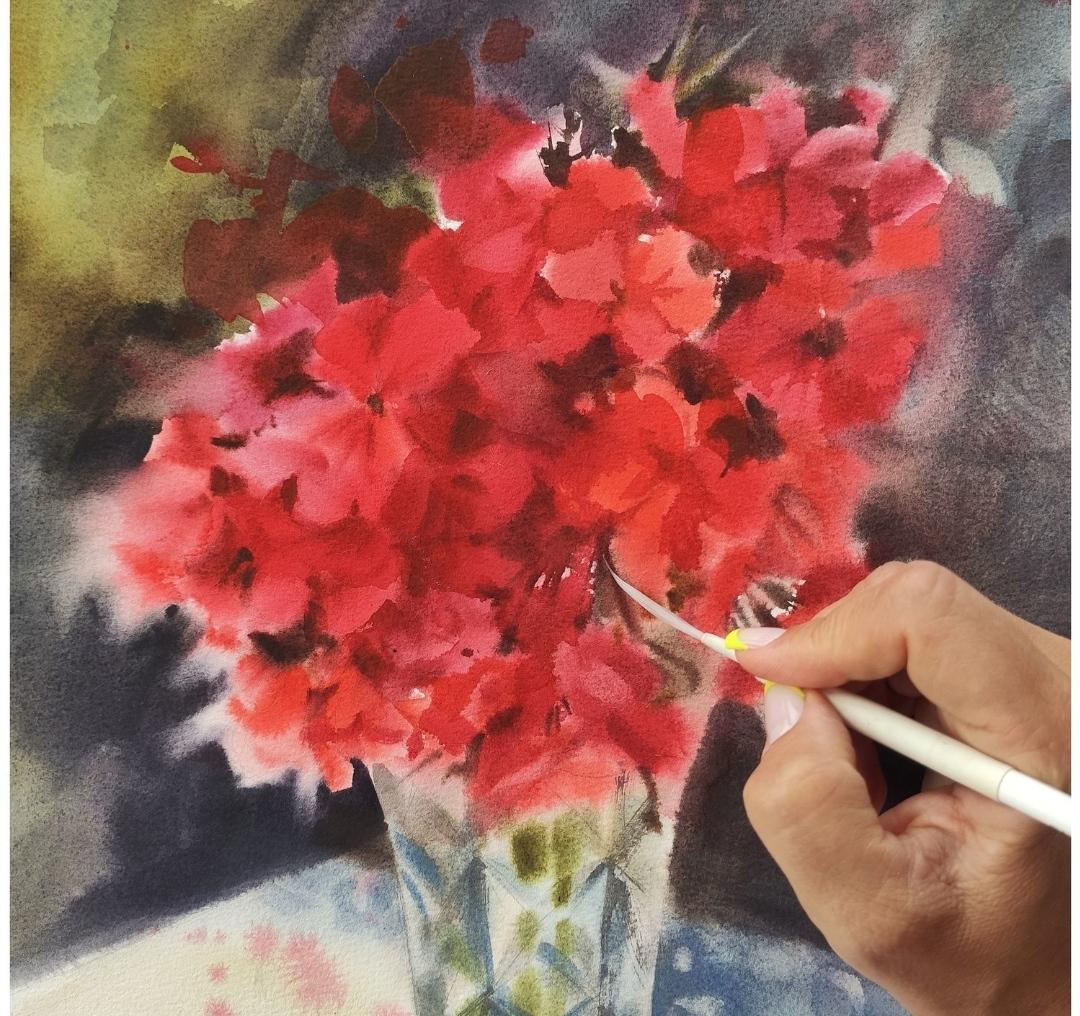 Aquarell mit Geranienblumenmalerei-Blumenstrauß in einer Vase im Angebot 2