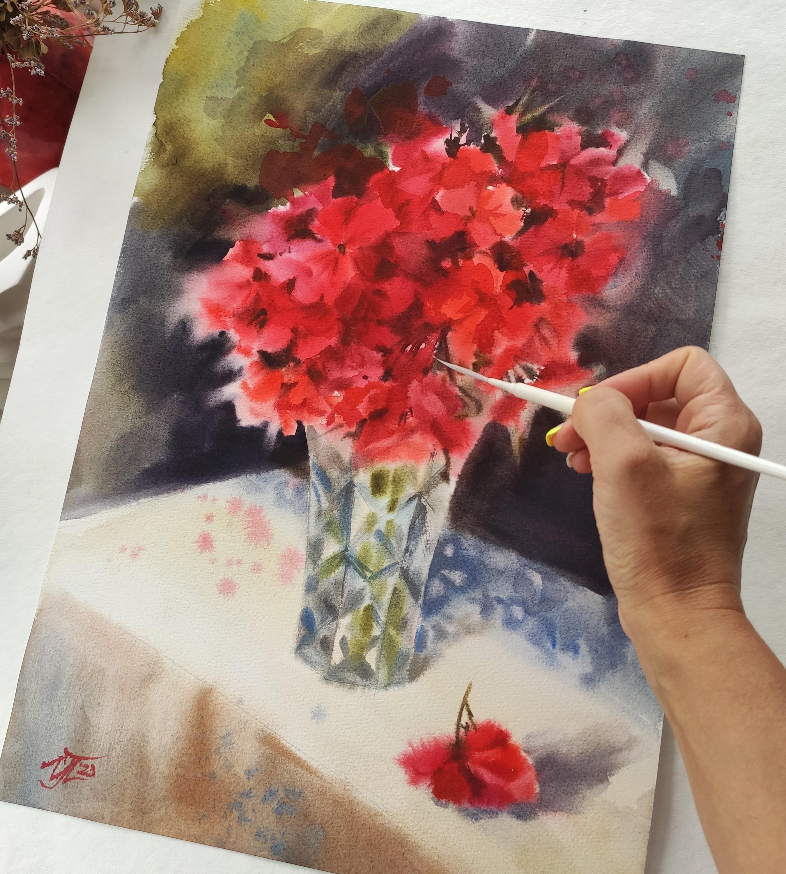 Aquarell mit Geranienblumenmalerei-Blumenstrauß in einer Vase im Angebot 4