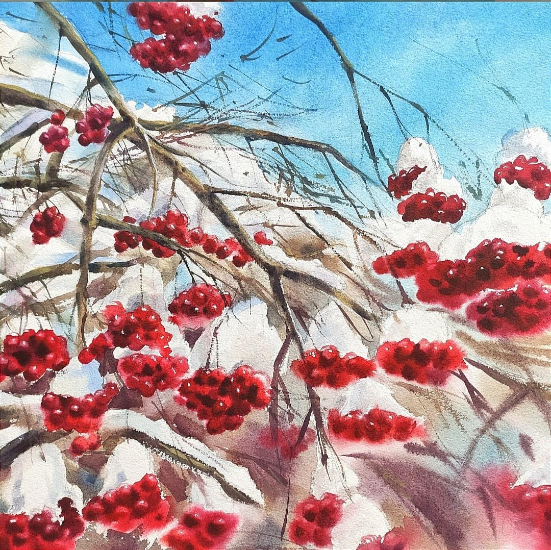 Watercolor painting Winter berries  - Art by Irina Pronina 