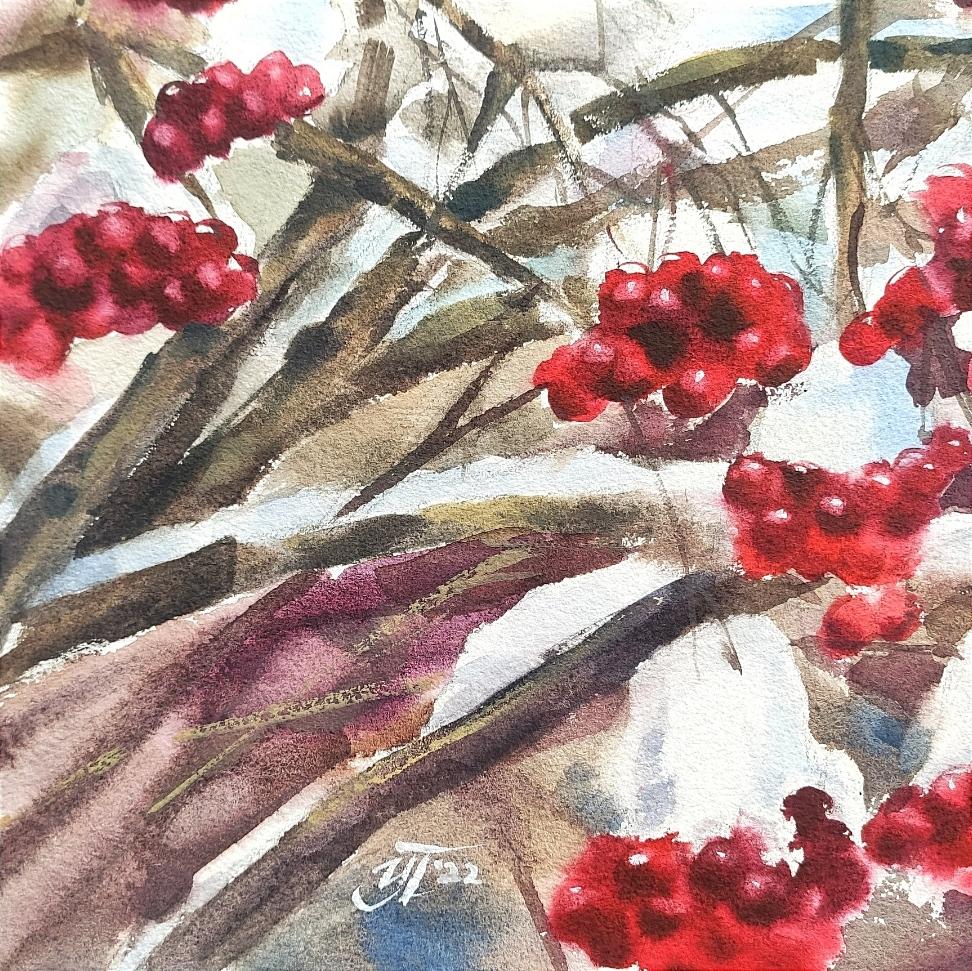 A watercolor painting with bright viburnum berries under snow caps. Saturated tones, multifaceted composition, large format (38x56cm) - the watercolor painting with berries under the snow turned out to be interesting, rich in color and suitable for