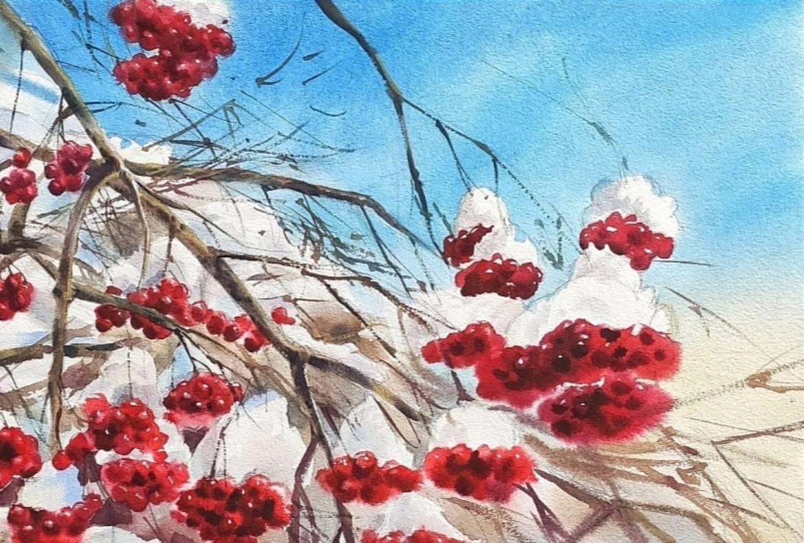 Watercolor painting Winter berries  For Sale 1