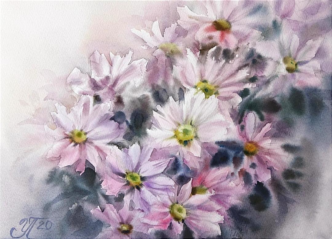 Irina Pronina  Interior Art – Zarte Chrysanthemen Aquarellmalerei 