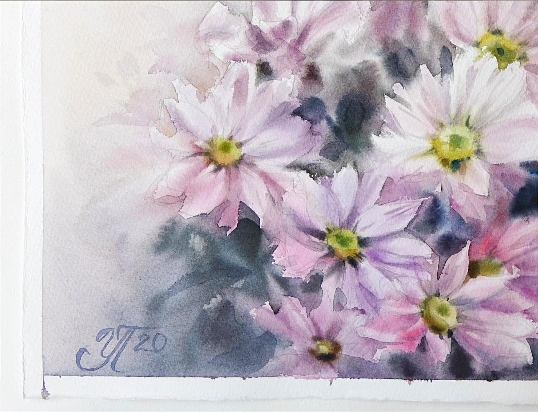 Delicate chrysanthemums Watercolor painting  - Art by Irina Pronina 