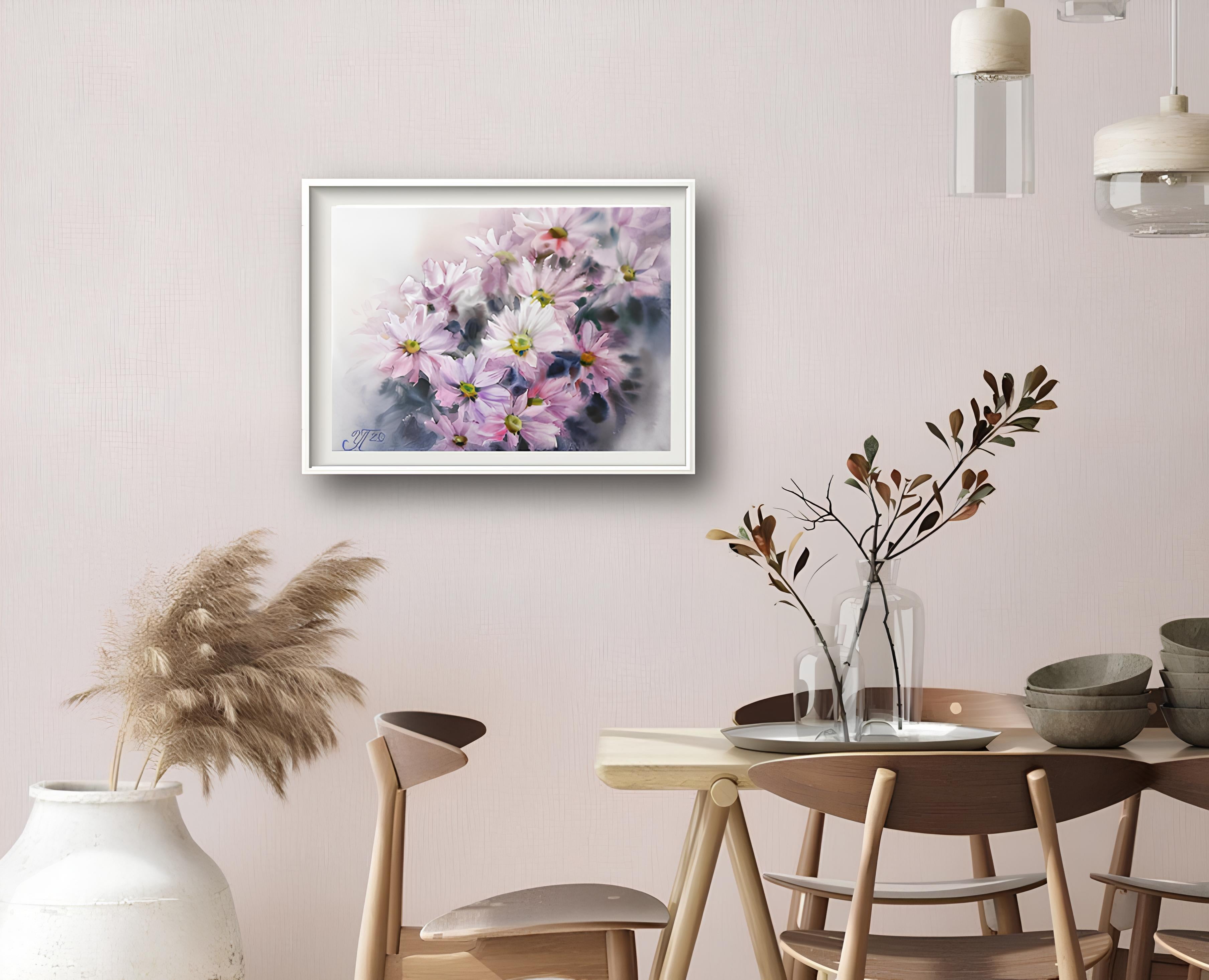 Zarte Chrysanthemen Aquarellmalerei (Grau), Interior Art, von Irina Pronina 