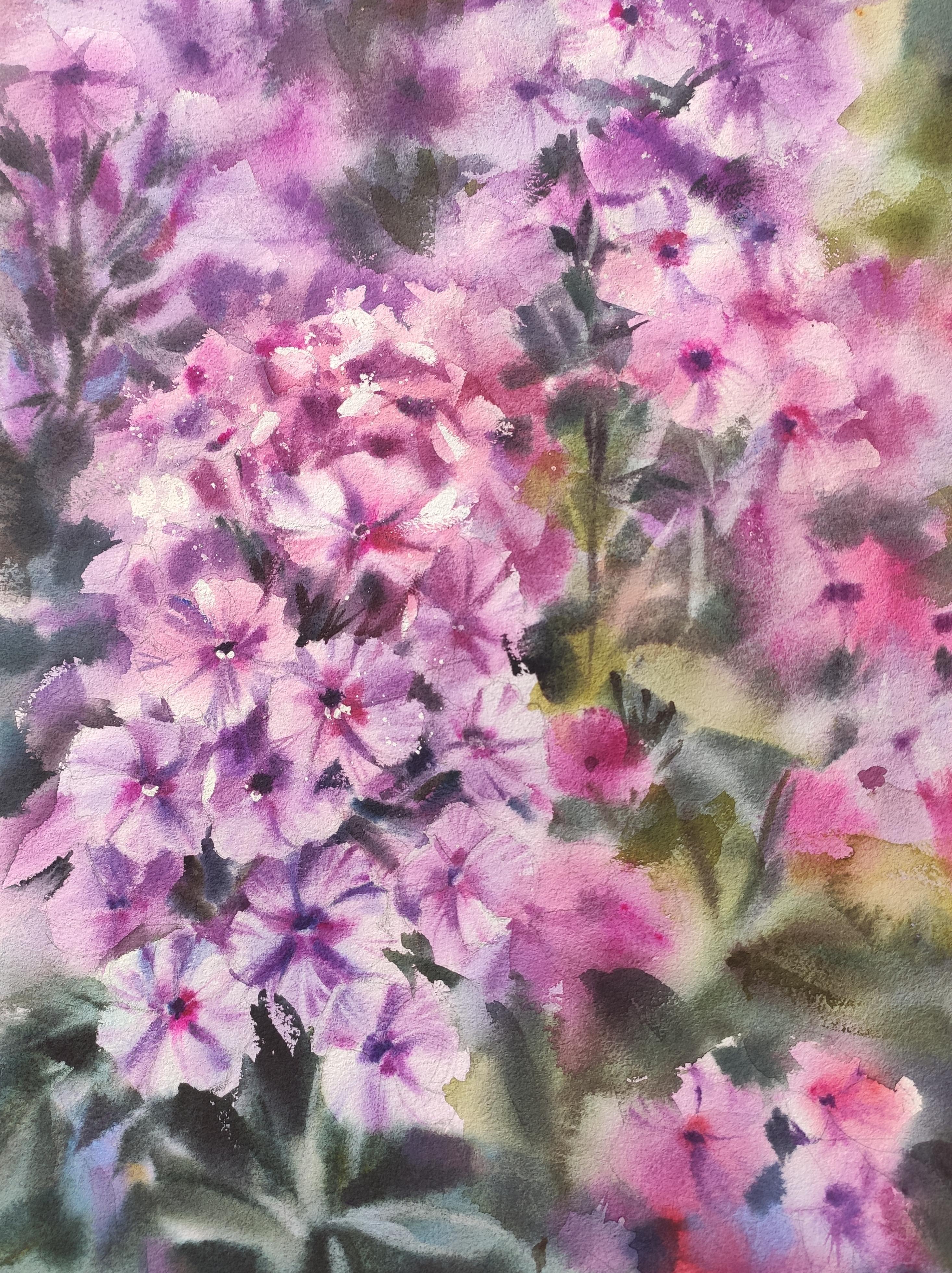  L'acquerello con fiori estivi è un acquerello delicato e raffinato, realizzato con una tecnica carismatica senza l'uso di linee grafiche chiare. Le luminose infiorescenze di phlox in acquerello, circondate da un fogliame color smeraldo, si adattano