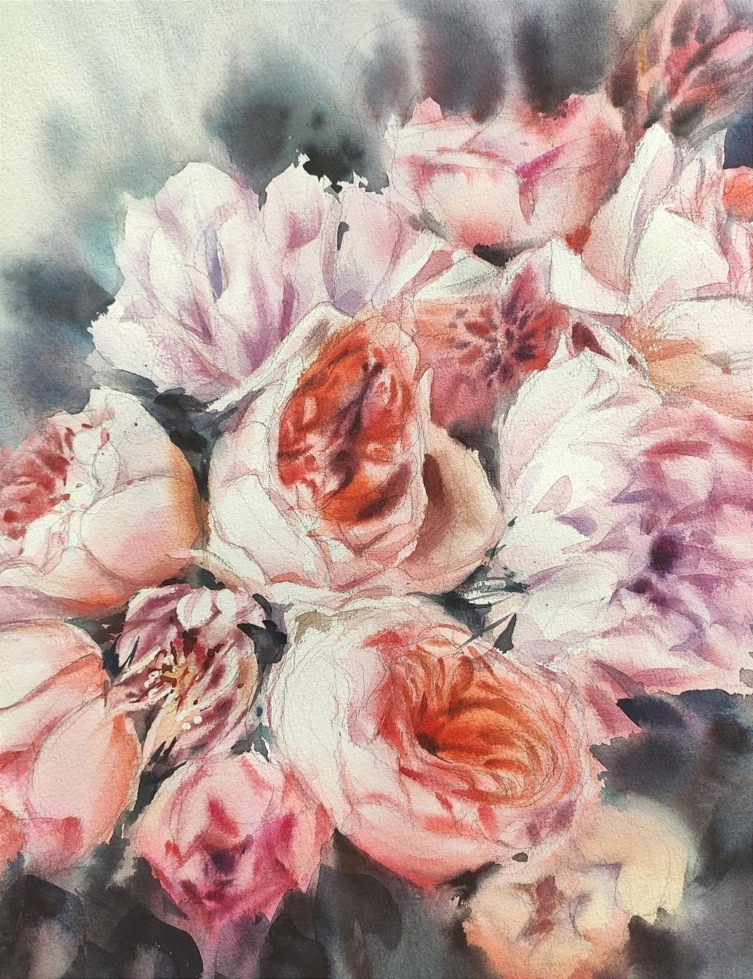 Coral dreams Watercolor rose boutique - Brown Interior Art by Irina Pronina 