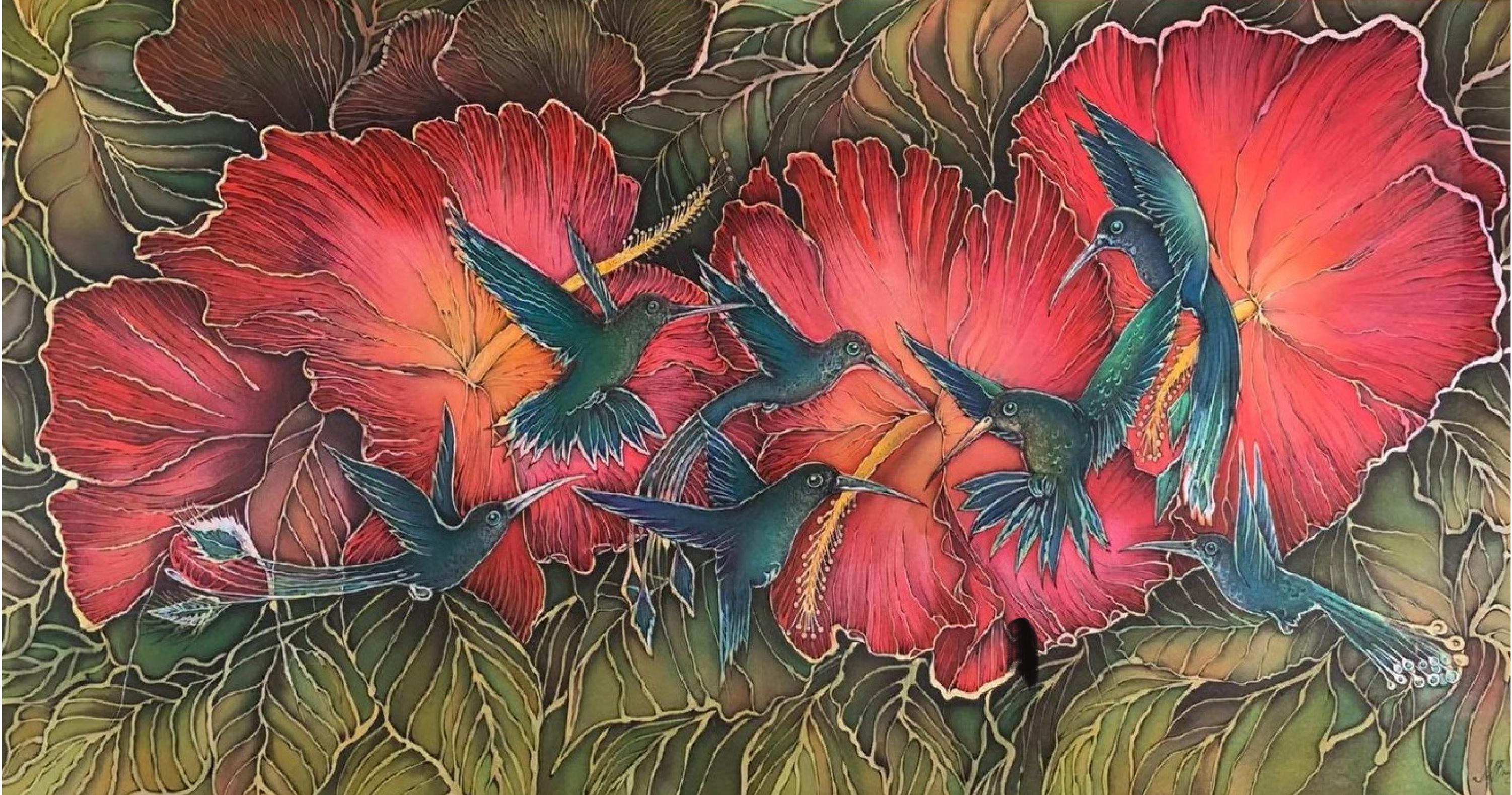 Bird and Hibiscus Batik froid - Art de Maya Veshnik