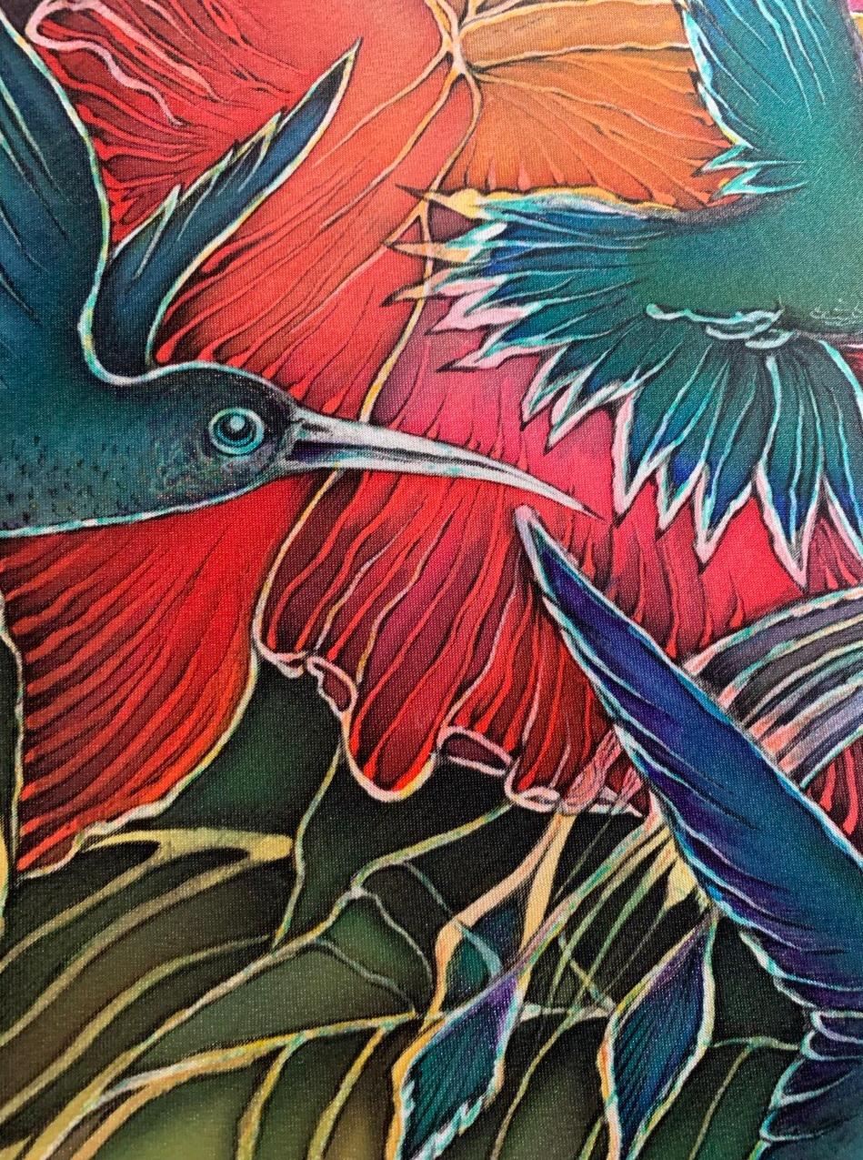 Bird and Hibiscus Batik froid - Contemporain Art par Maya Veshnik
