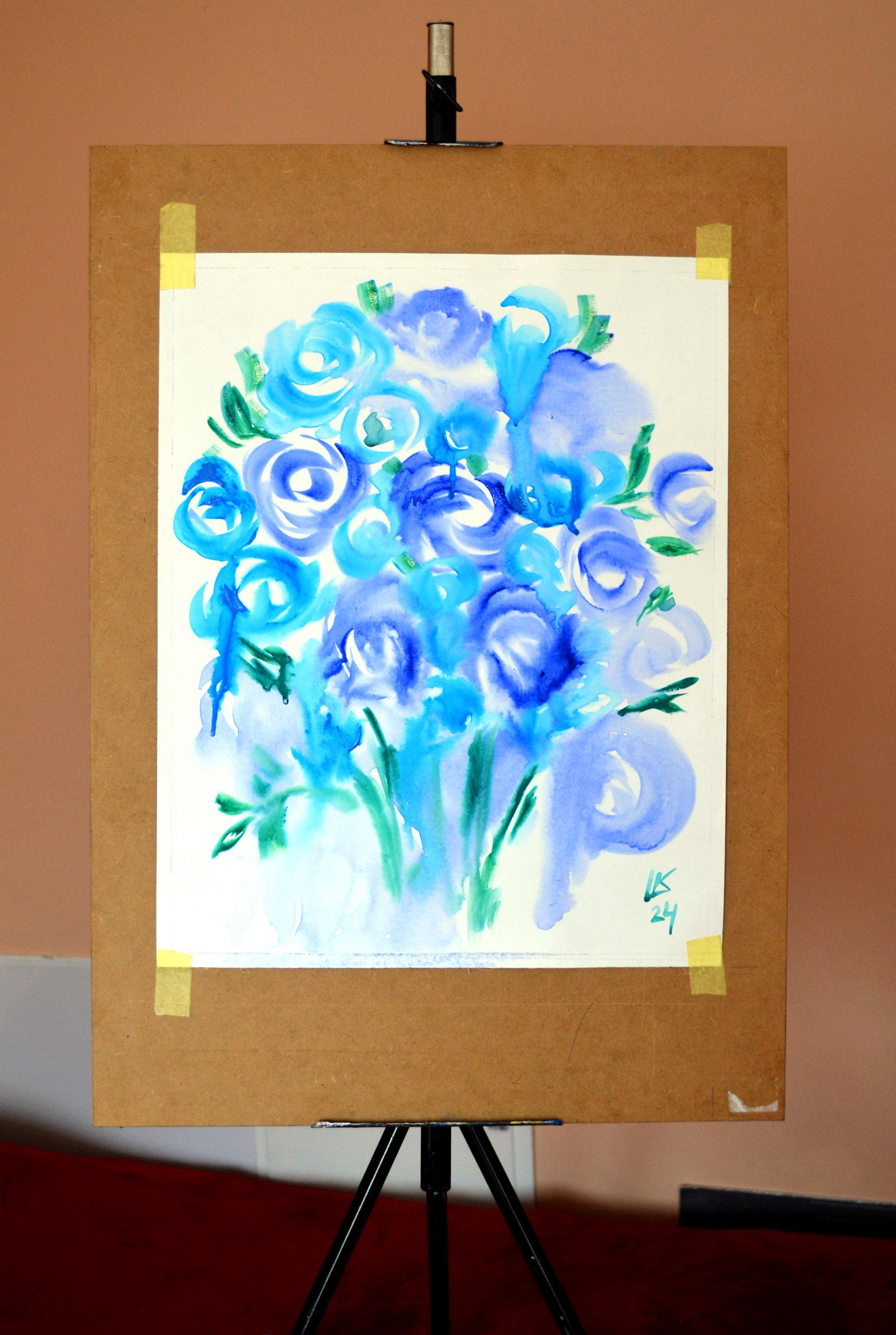 Blue Roses Bouquet.  Watercolour  by Lada Kholosho For Sale 1