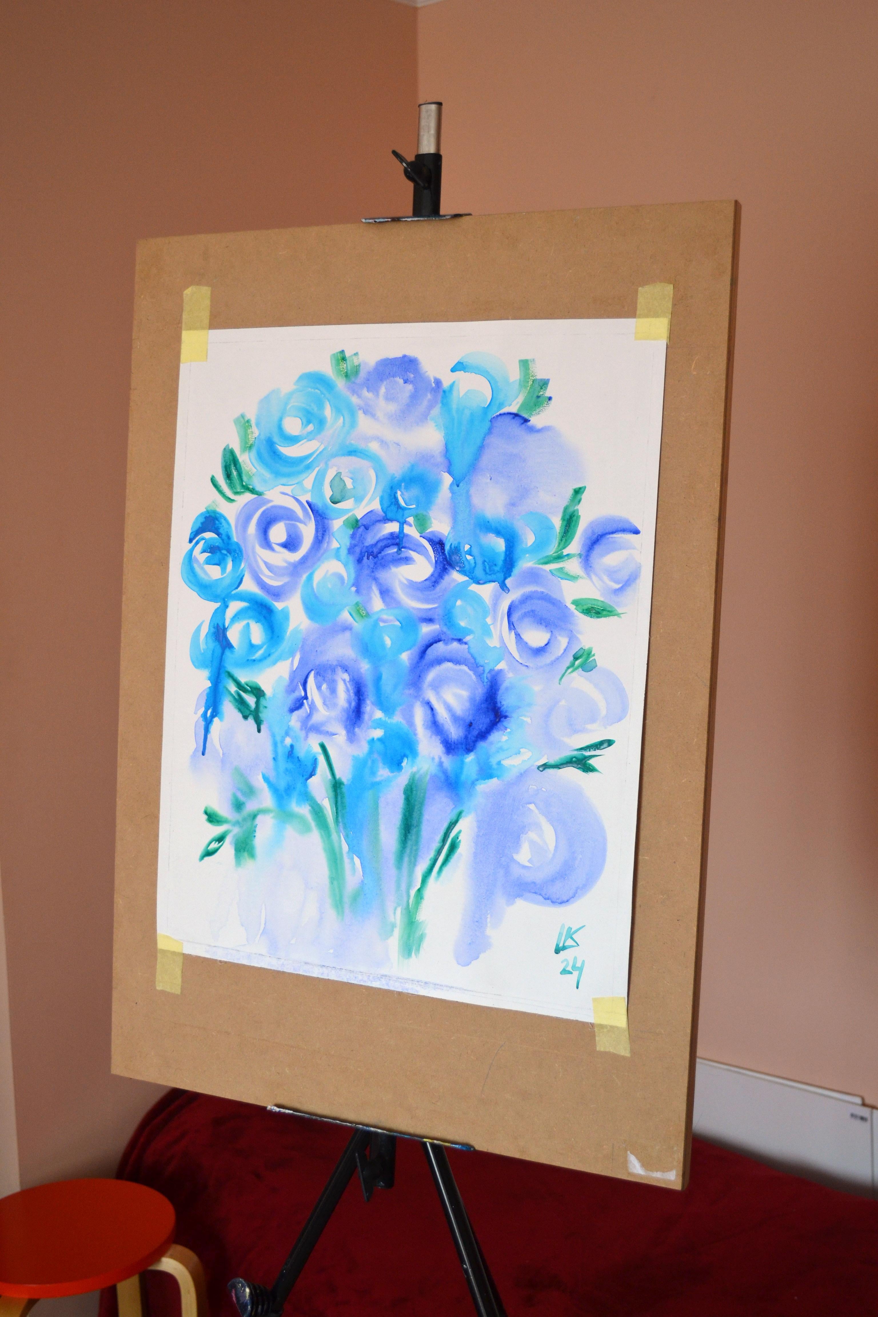 Blue Roses Bouquet.  Watercolour  by Lada Kholosho For Sale 2