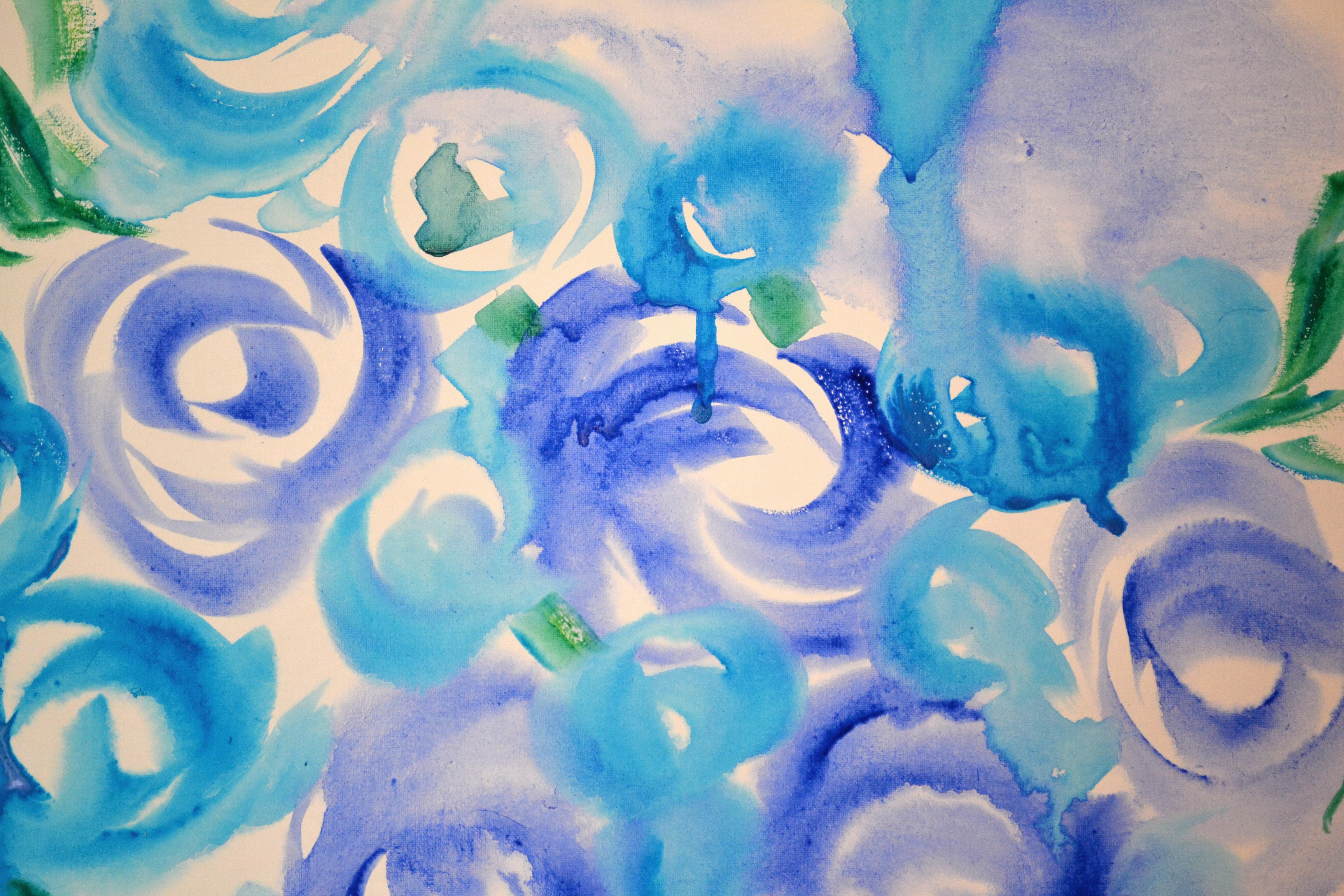 Blue Roses Bouquet.  Watercolour  by Lada Kholosho For Sale 3