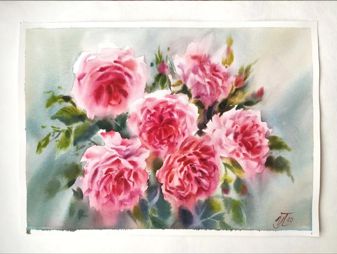 Pittura ad acquerello alla luce dell'estate con le rose - Art di Irina Pronina 