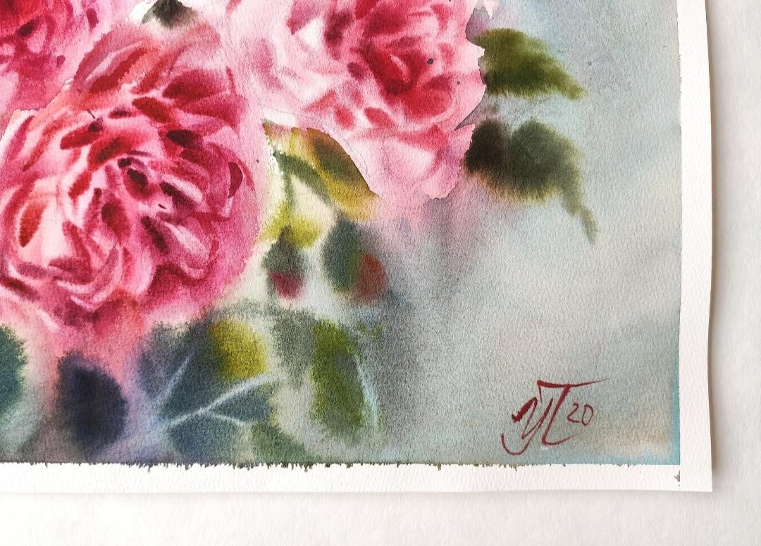Pittura ad acquerello alla luce dell'estate con le rose - Art Realismo di Irina Pronina 