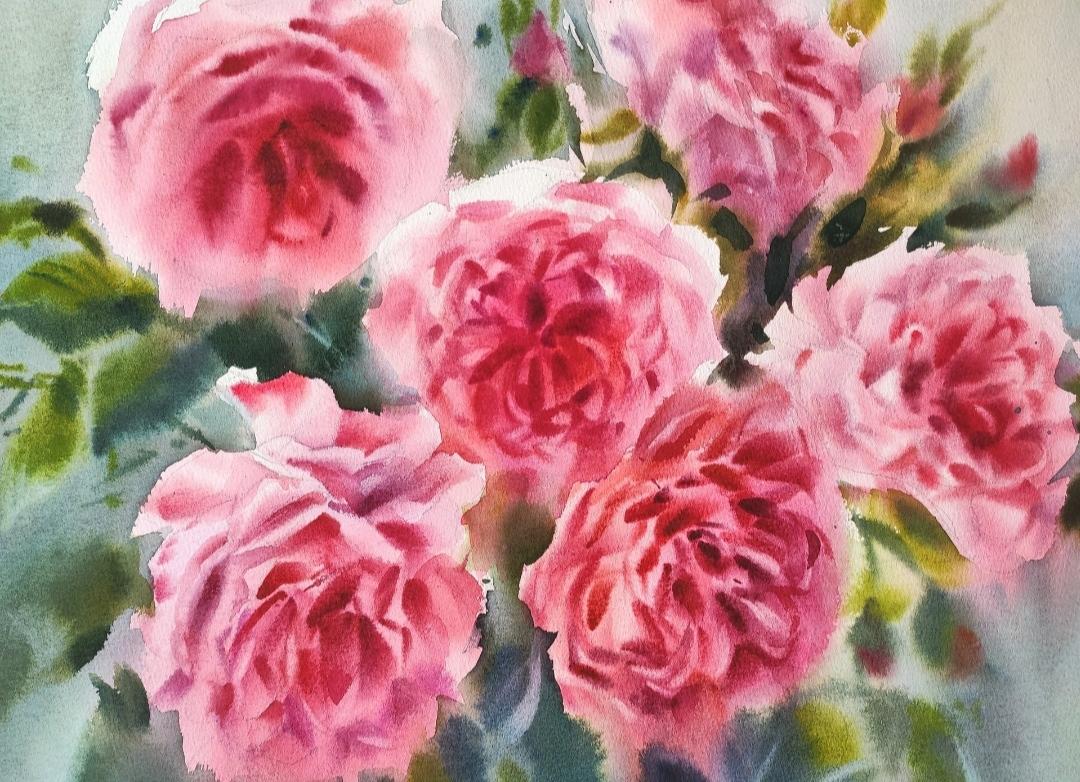 Pittura ad acquerello alla luce dell'estate con le rose - Interior Art Beige di Irina Pronina 