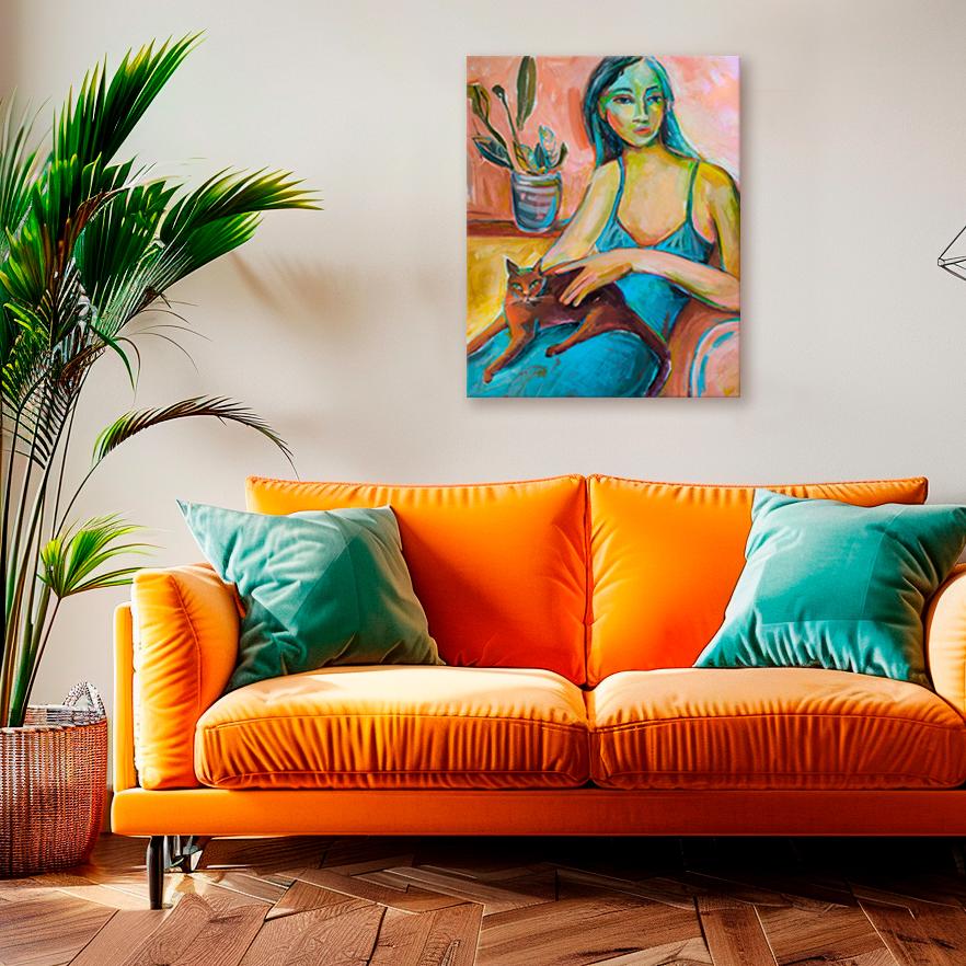 The painting evokes a quiet, cozy atmosphere, where a young woman enjoys the peace of a home evening in the company of her beloved cat. Her gaze, turned to the side, seems to catch invisible threads of reflection, and a slight half-smile speaks of