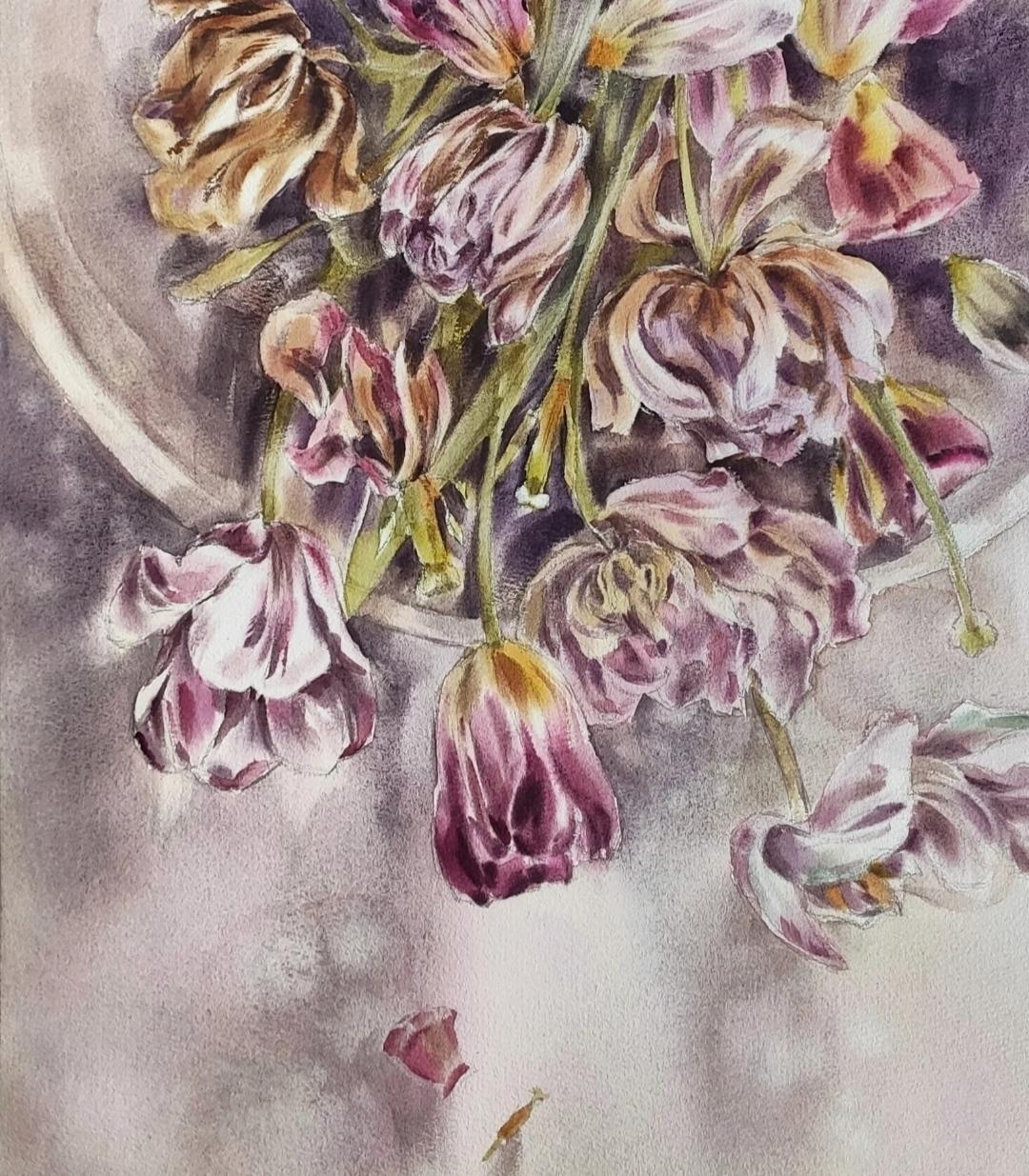 Watercolor painting with tulips for the interior of the living room, bedroom - emotional painting about spring memories. This painting is distinguished by an interesting composition, dynamism and depth of watercolor strokes, multifaceted pastel