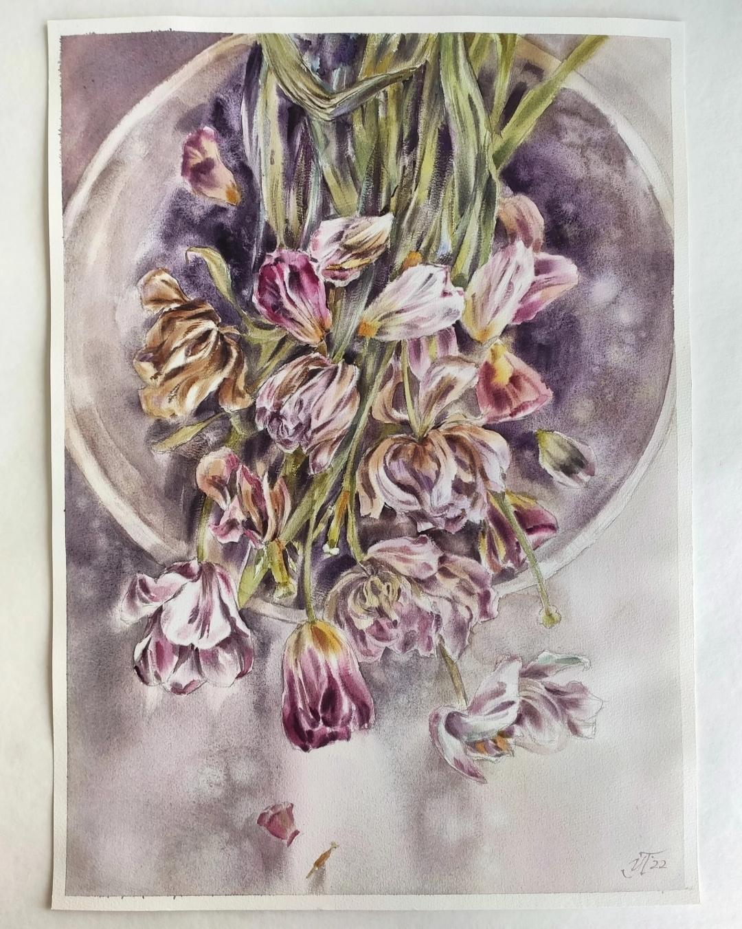 Spring memories Watercolor painting with Tulips - Gray Still-Life by Irina Pronina 
