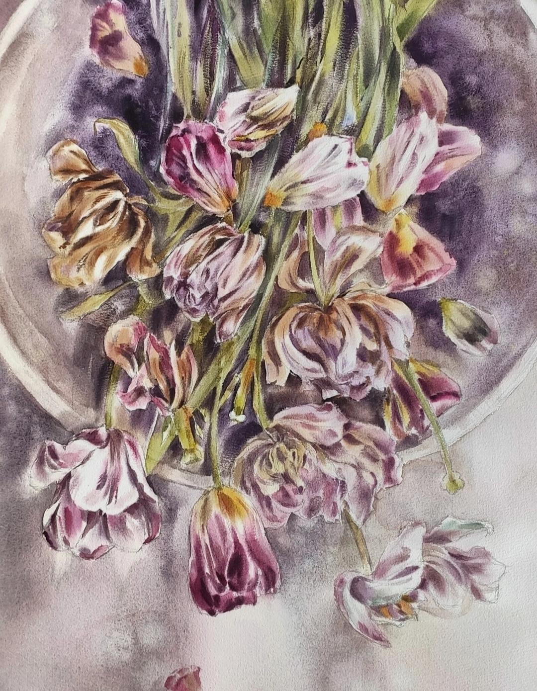 Spring memories Watercolor painting with Tulips For Sale 1