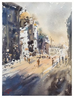 City shadows Watercolor cityscape