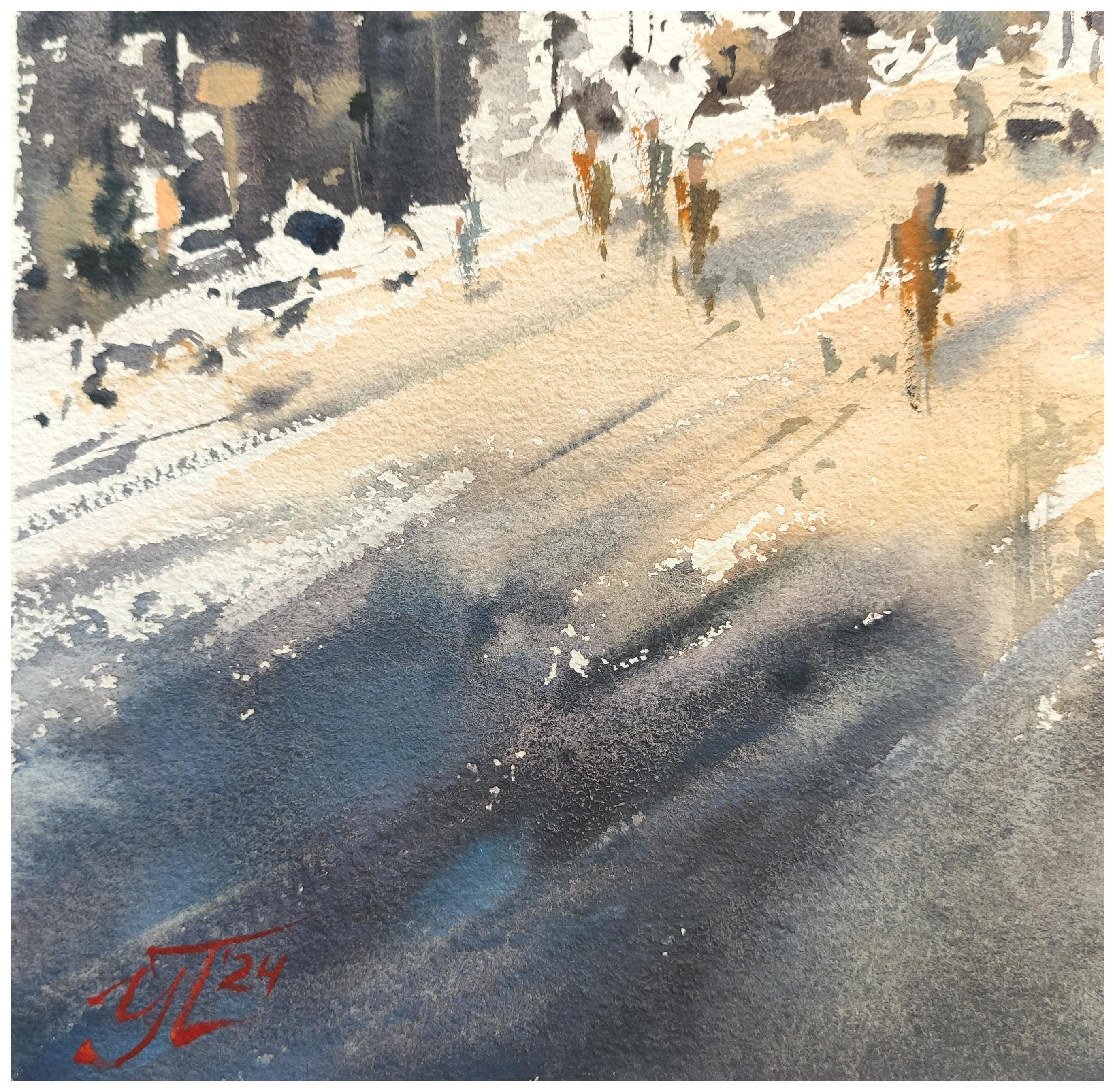 Pittura ad acquerello con la città di San Pietroburgo - un paesaggio urbano di una calda giornata nella bellissima San Pietroburgo. Tonalità calde dell'ocra, ombre contrastanti, una città in stile impressionista: un acquerello di questo tipo porterà