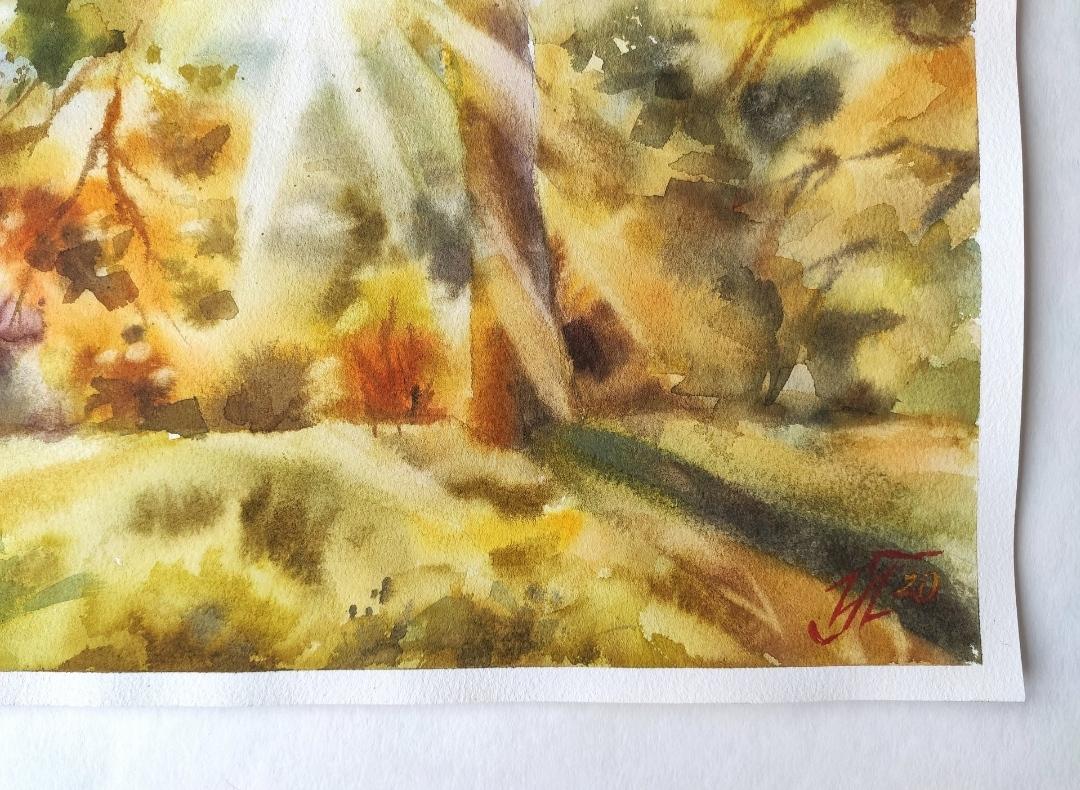 Otoño Pintura en acuarela Puesta de sol otoñal - Landscape Art Marrón de Irina Pronina