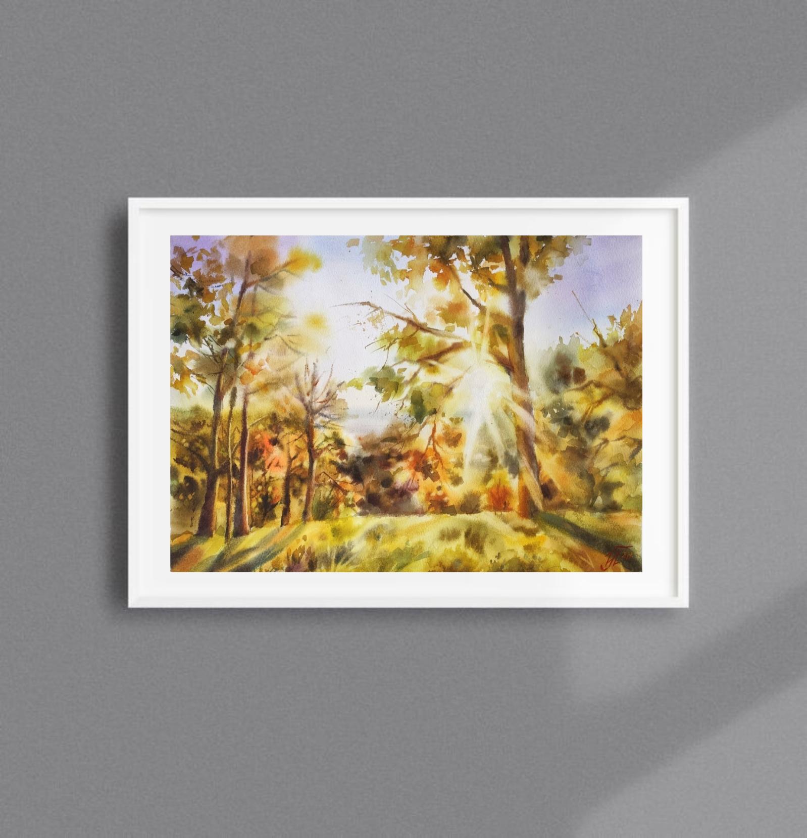 Otoño Pintura en acuarela Puesta de sol otoñal - Art de Irina Pronina