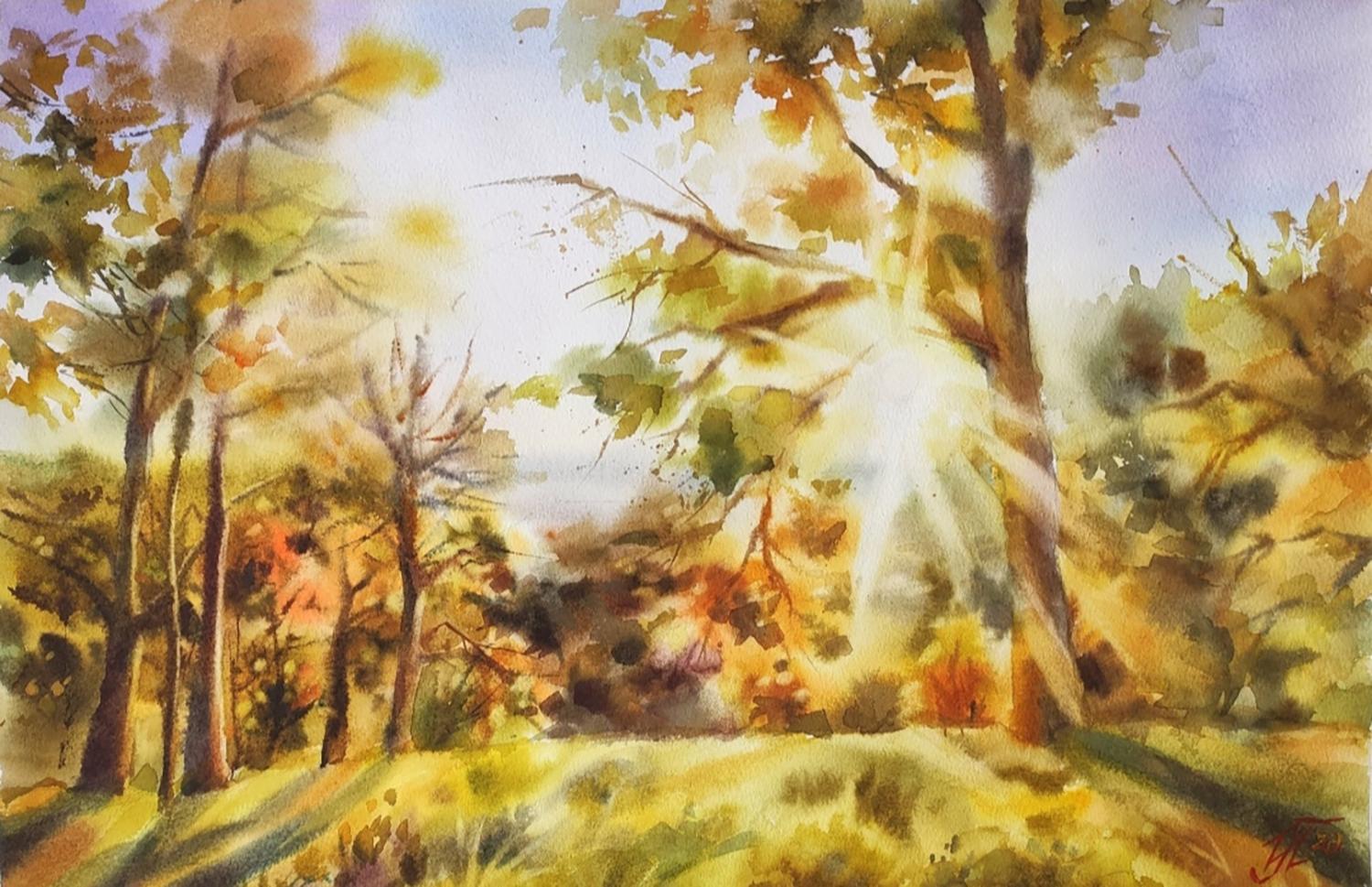 Otoño Pintura en acuarela Puesta de sol otoñal - Art Impresionista de Irina Pronina
